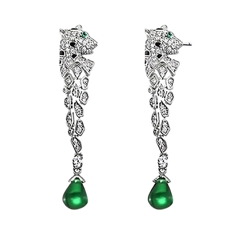 Sterling Silver Rhodium Plated With Emerald And Clear Cubic Zirconia Fauna Drop Earrings