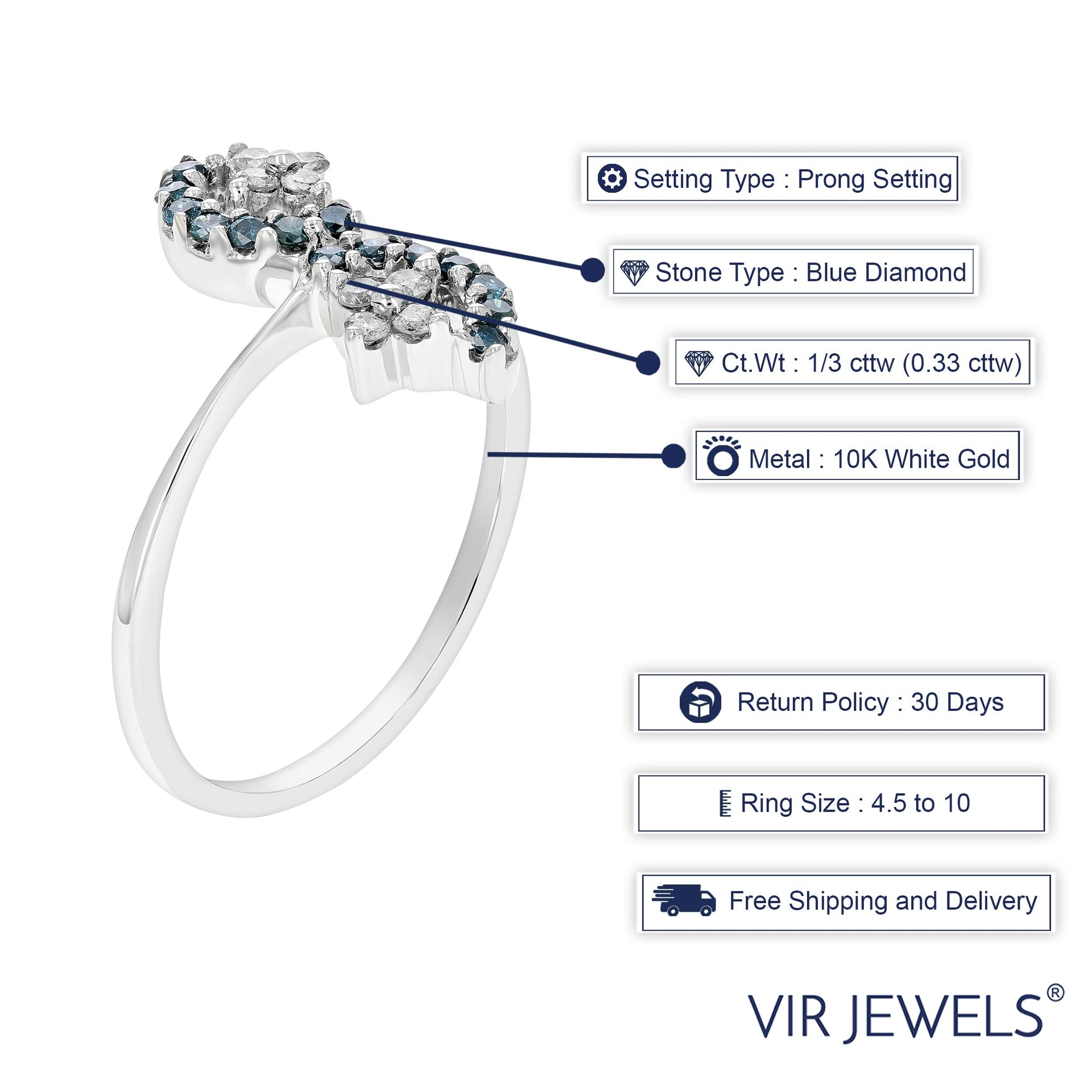 1/3 cttw Blue Diamond Ring Fashion Round 10K White Gold