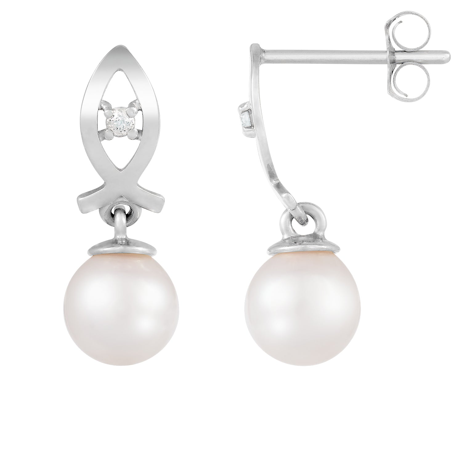14k White Gold Diamond Pearl Earrings