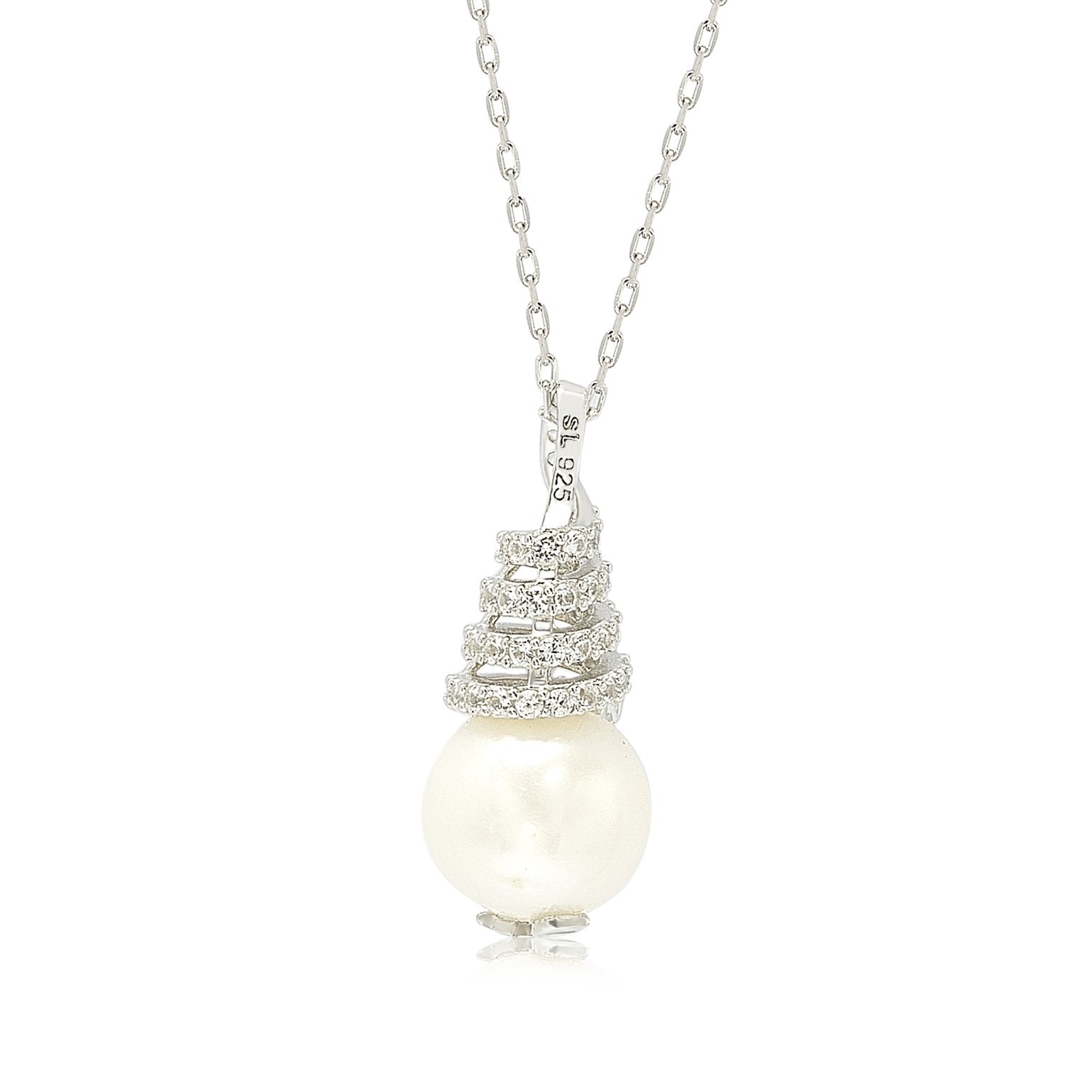 Suzy Levian Sterling Silver Pearl & White Sapphire Swirl Pendant