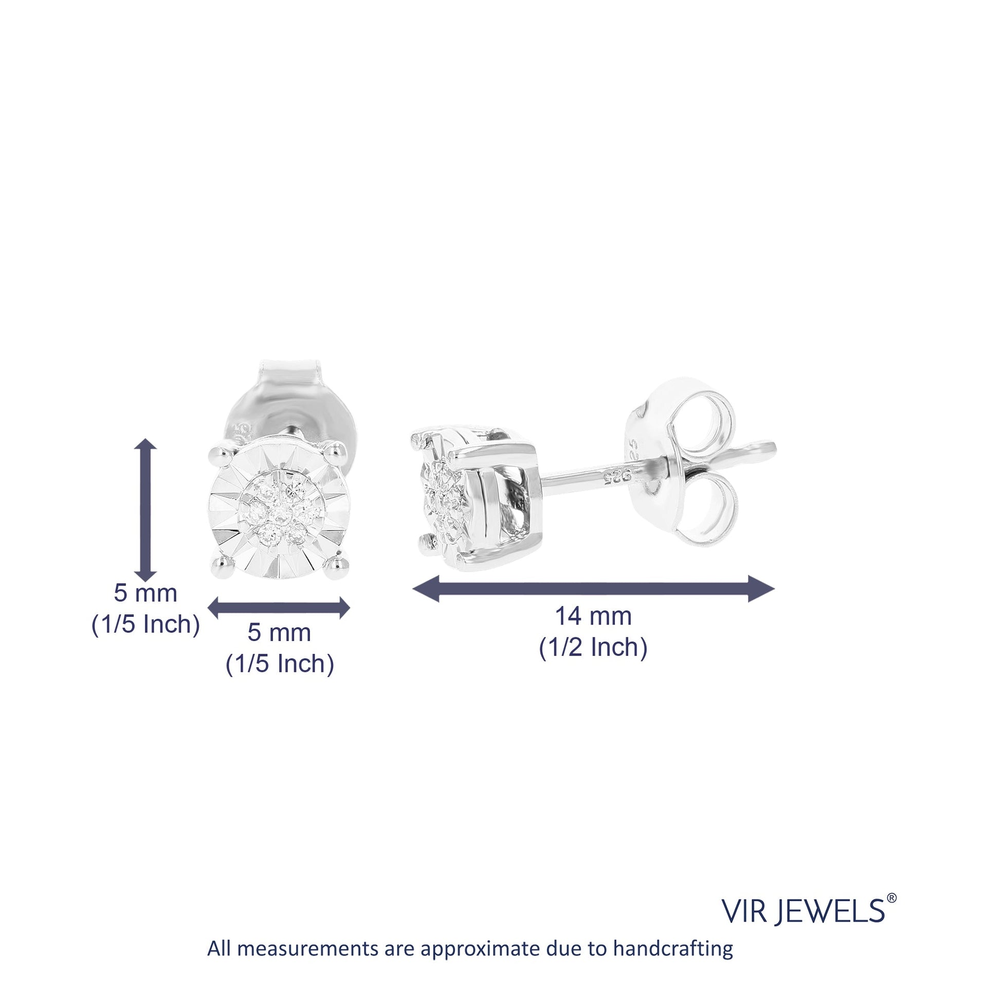 1/20 cttw 14 Stones Round Lab Grown Diamond Studs Earrings .925 Sterling Silver Prong Set 1/5 Inch