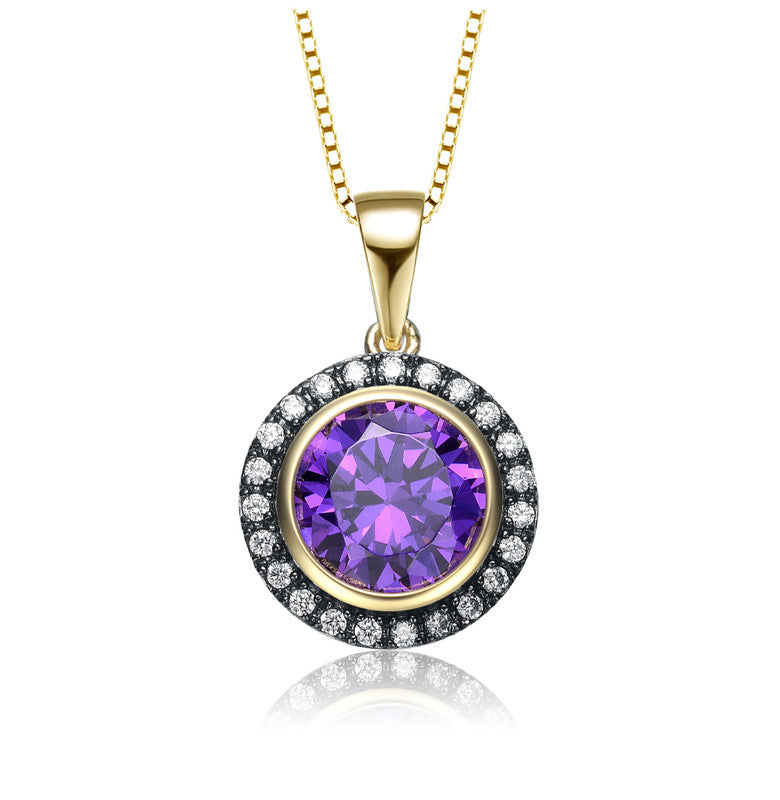 Yellow Gold Plated Round Purple Cubic Zirconia Pendant Necklace