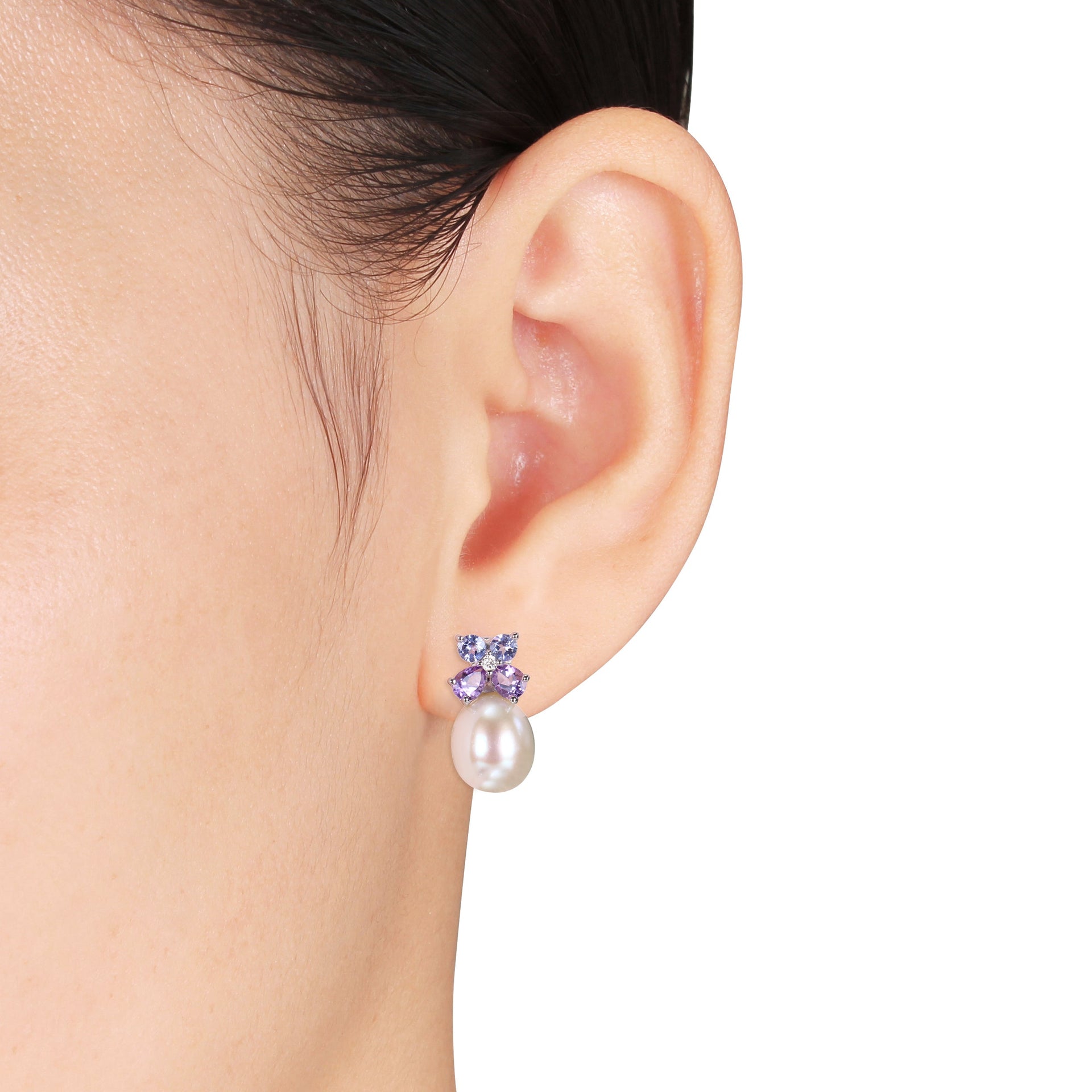 Mimi & Max 8-8.5 mm White Cultured Freshwater Pearl, Diamond, Tanzanite and Amethyst Stud Earrings in Sterling Silver