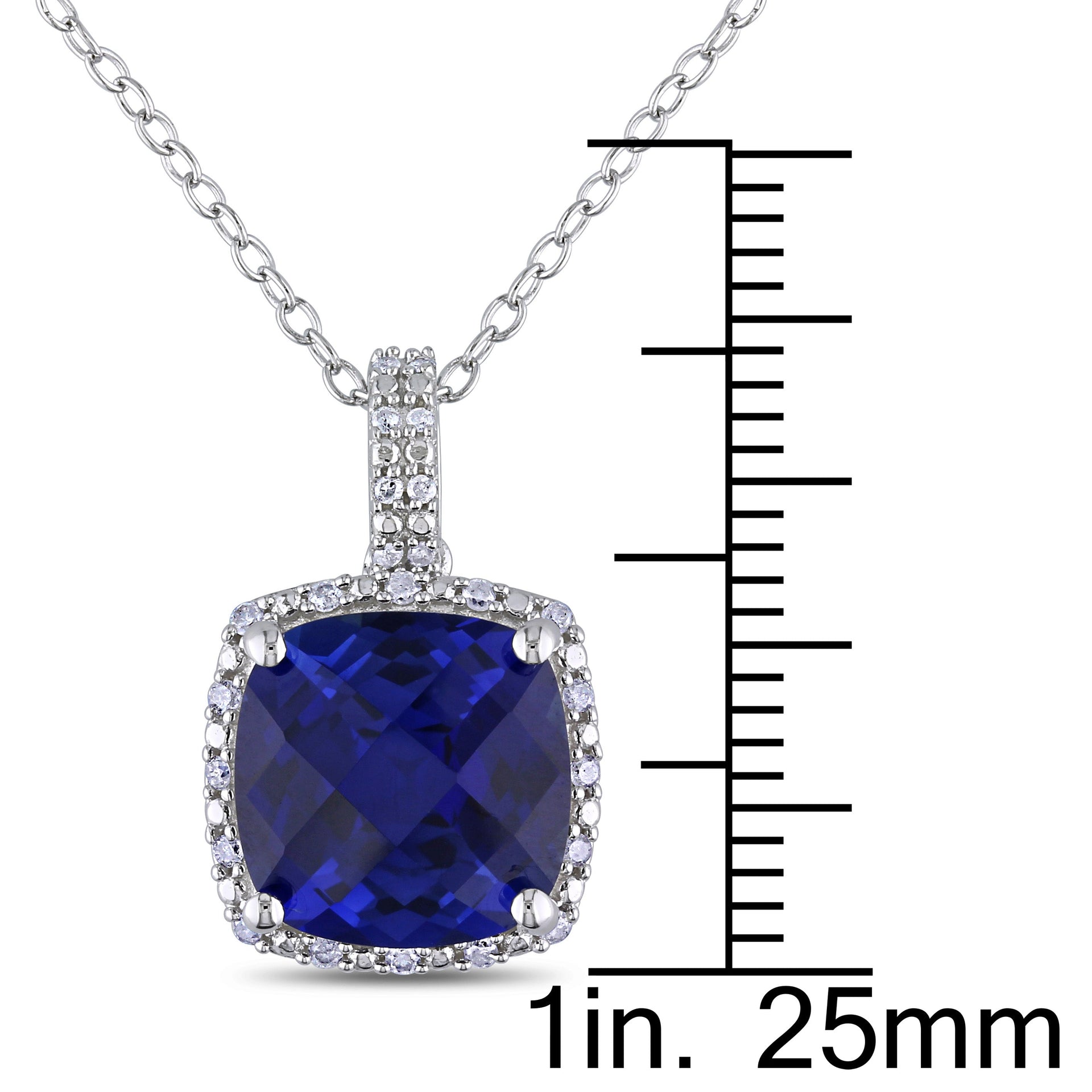 1/10 CT TW Diamond and 5 3/4 CT TGW Created Blue Sapphire Square Pendant With Chain in Sterling Silver