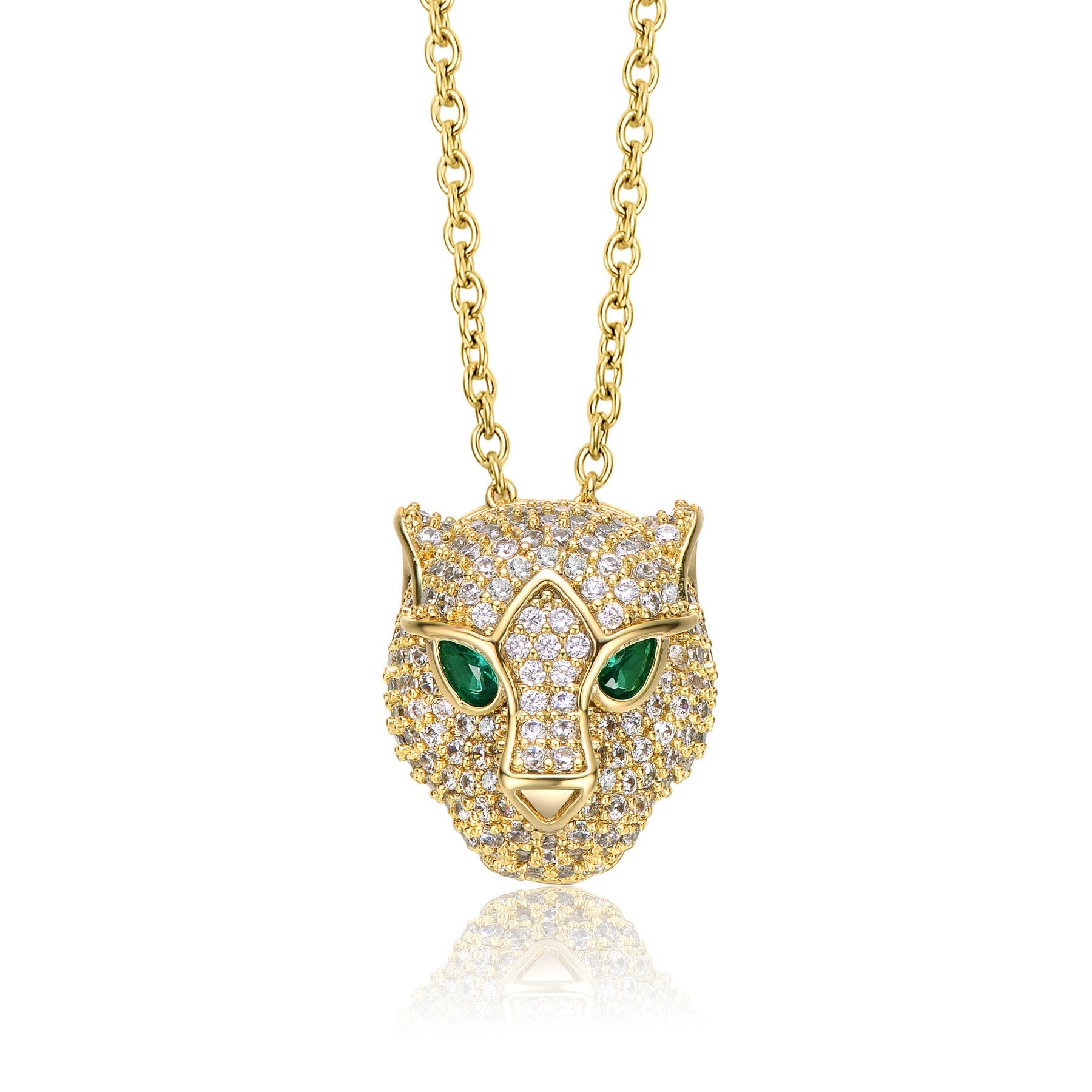 RG 14k Yellow Gold Plated with Emerald & Cubic Zirconia 3D Panther Head Pendant Layering Necklace