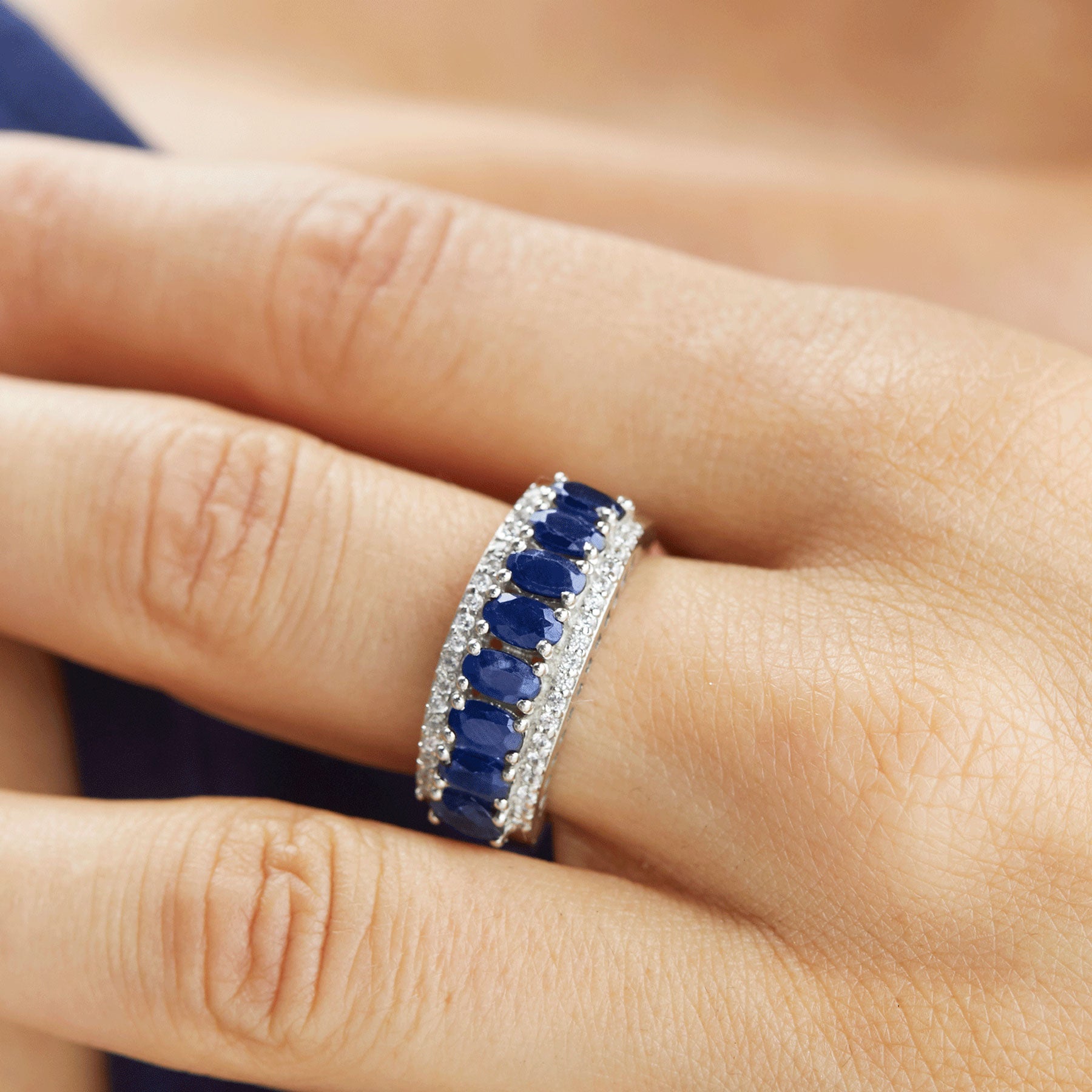 STERLING 925 BLUE SAPPHIRE & WHITE ZIRCON BAND