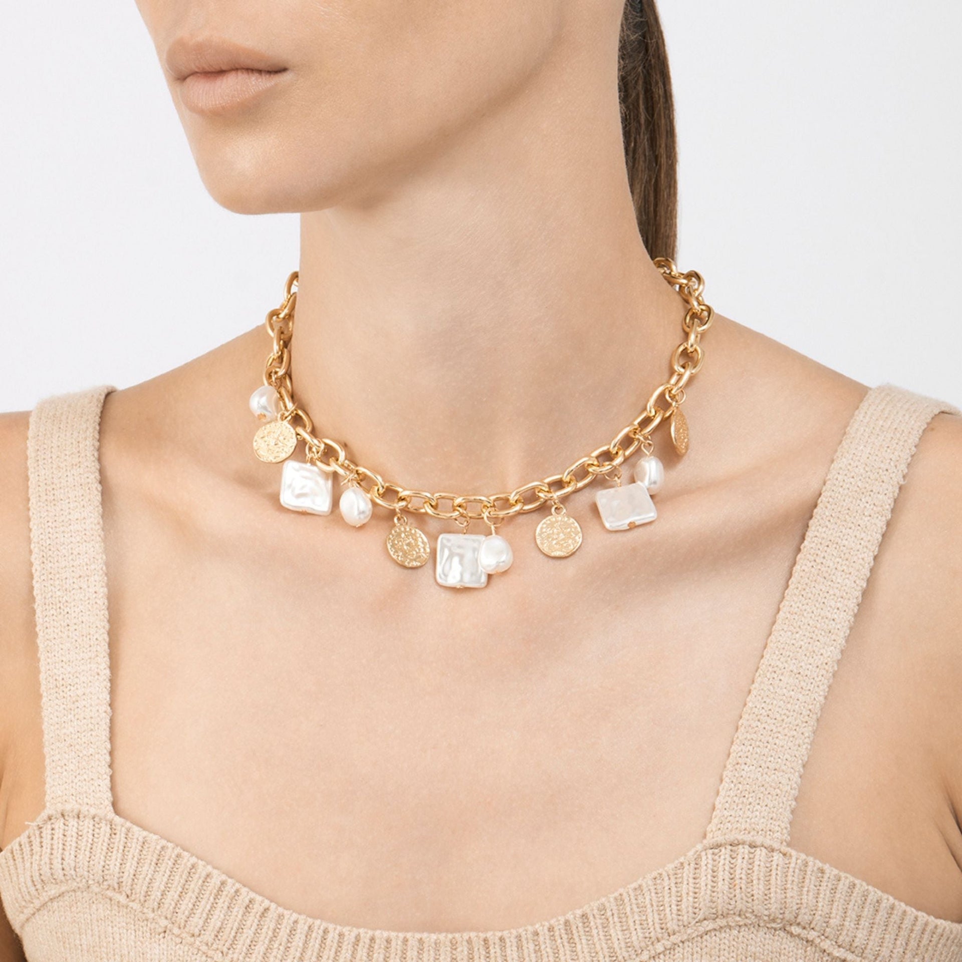 14k Gold Plated Oval Link Chain With Hammered Coin And Multishape Pearl Charms Necklace