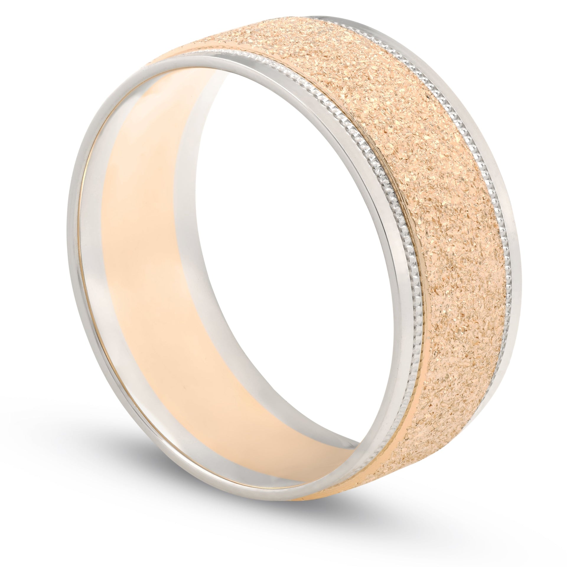 8mm Two Tone Stone Finish Wedding Band 14K Gold