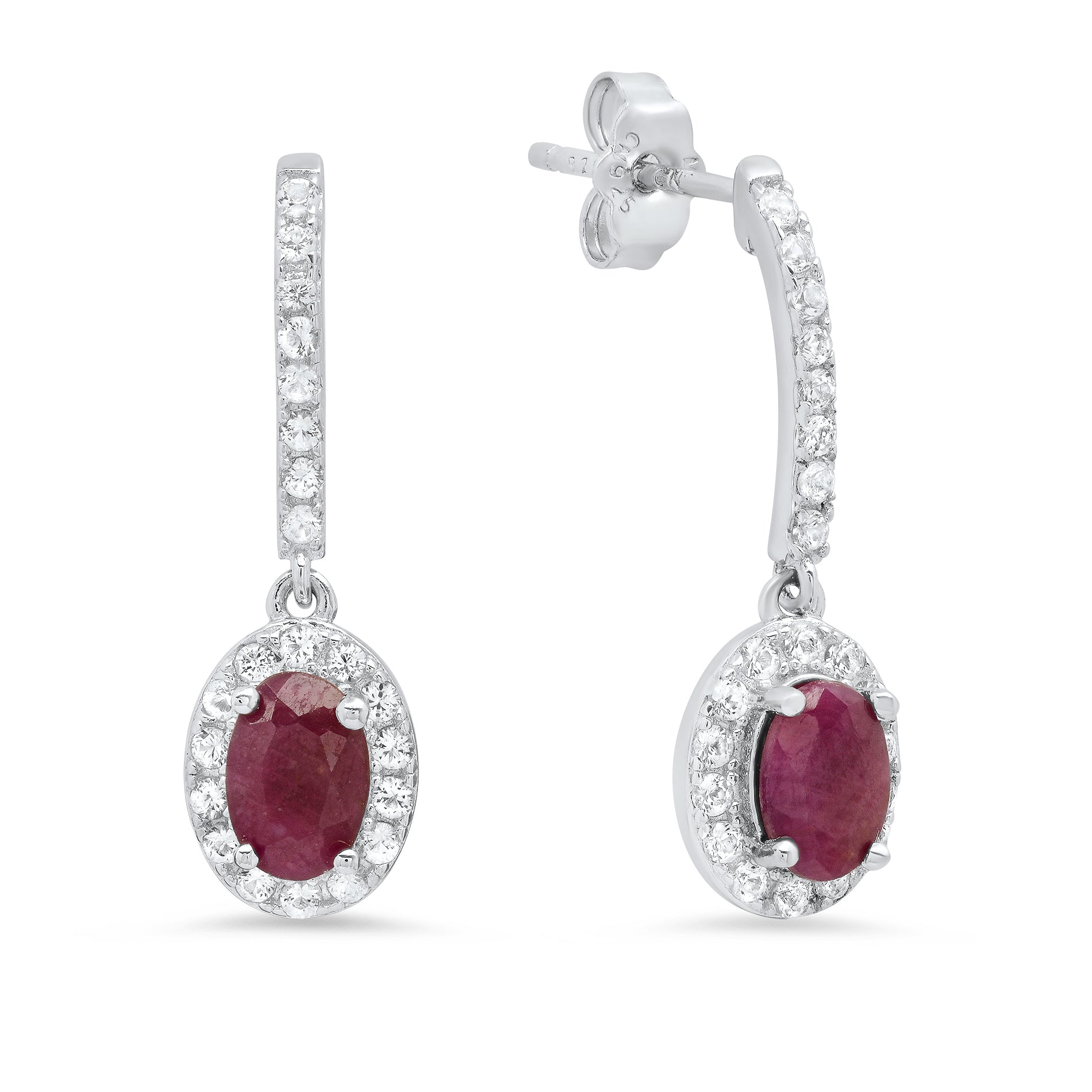 Sterling Silver Oval Genuine Gemstone and White Topaz Drop Earrings