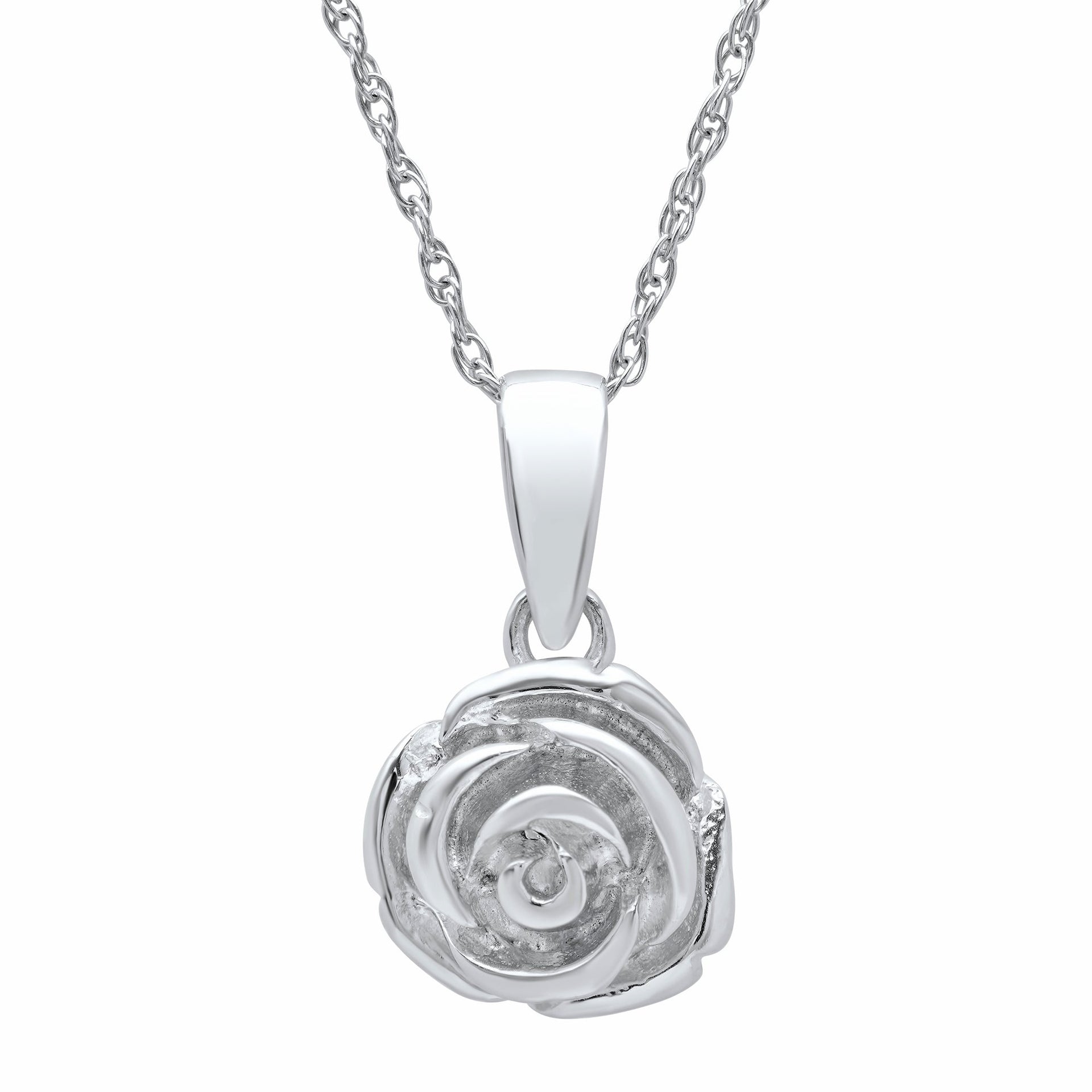 Sterling Silver Rose Pendant Necklace on 18 inch Rope Chain