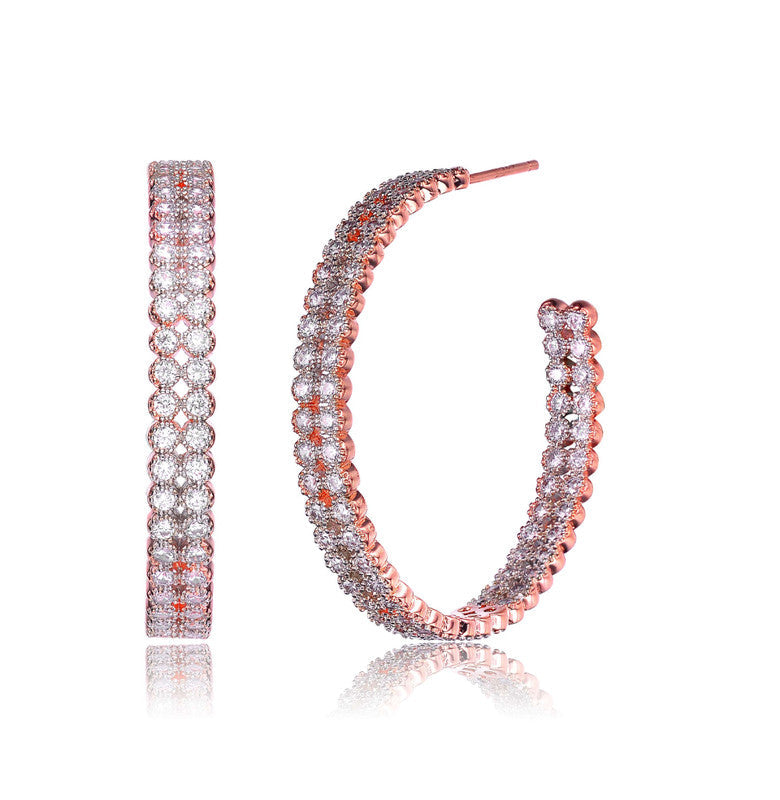 Genevive Jewelry Sterling Silver Rose Gold Plated Cubic Zirconia Open Hoop Earrings