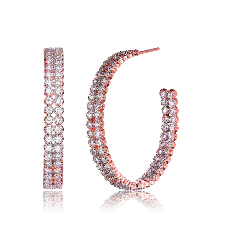 GENEVIVE Sterling Silver Rose Gold Plated Cubic Zirconia Open Hoop Earrings