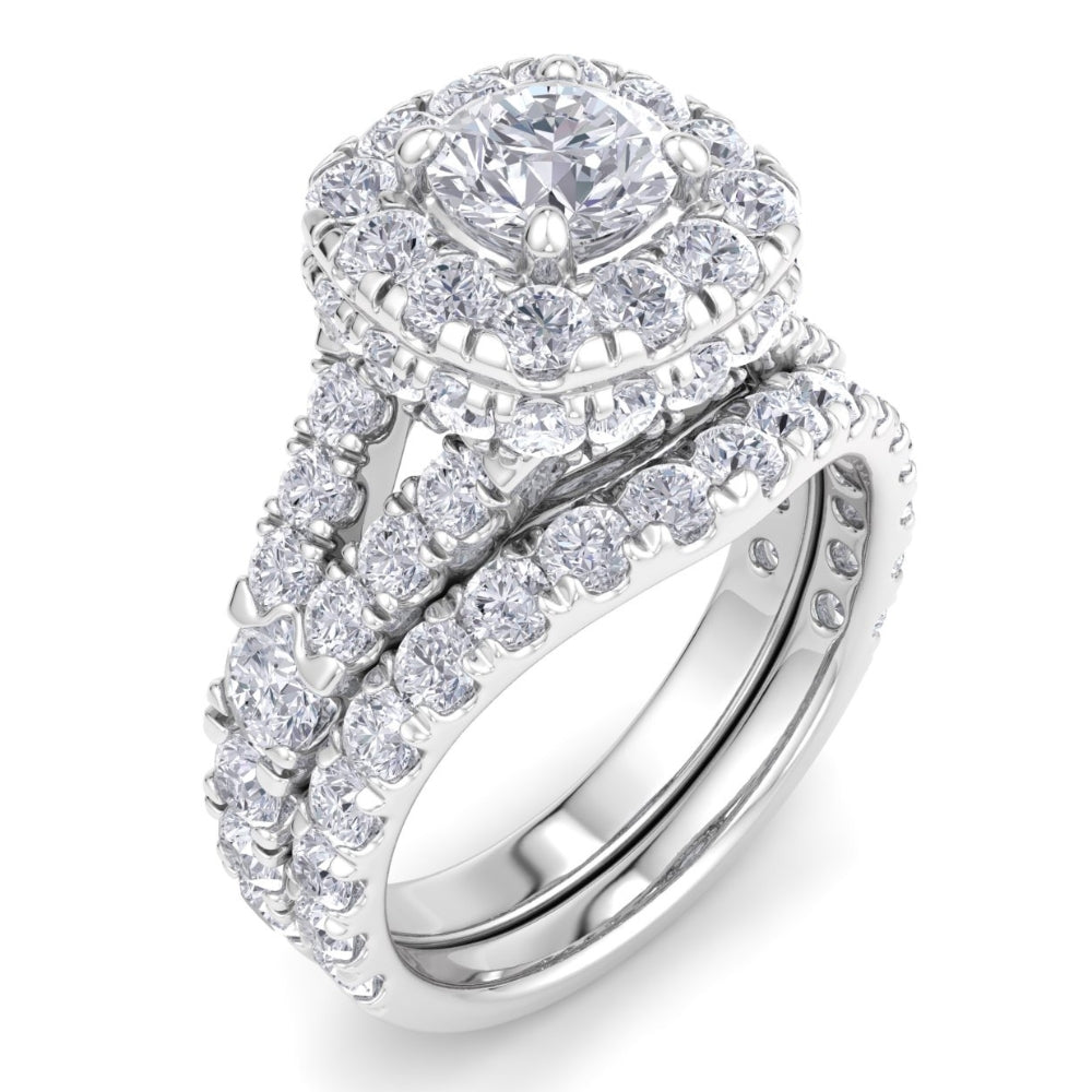 3 1/2 ct Cushion Halo Split Ring Diamond Engagement Set in White Yellow Rose Gold