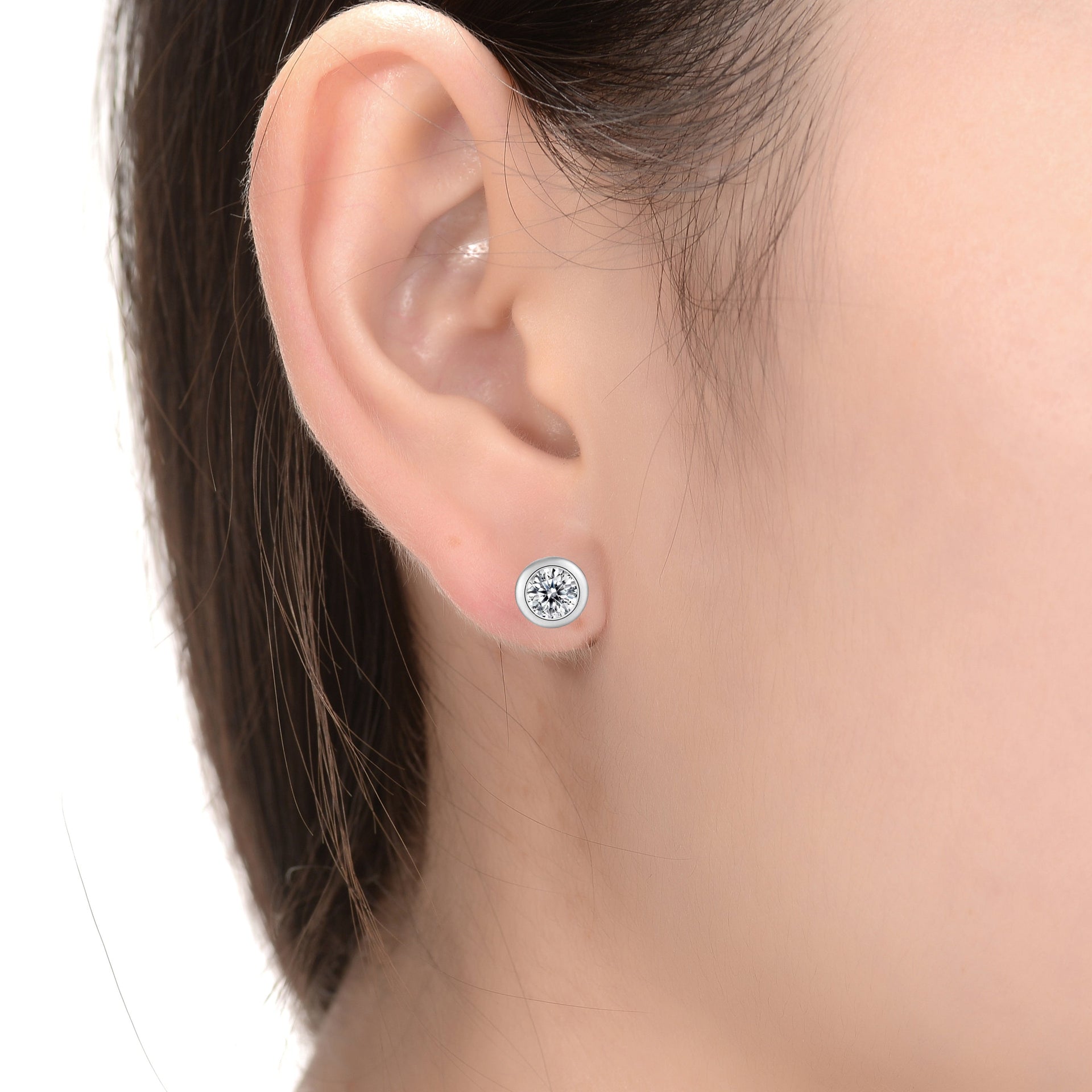 Sterling Silver with 1ctw Round Lab Created Moissanite Modern Bezel Stud Earrings