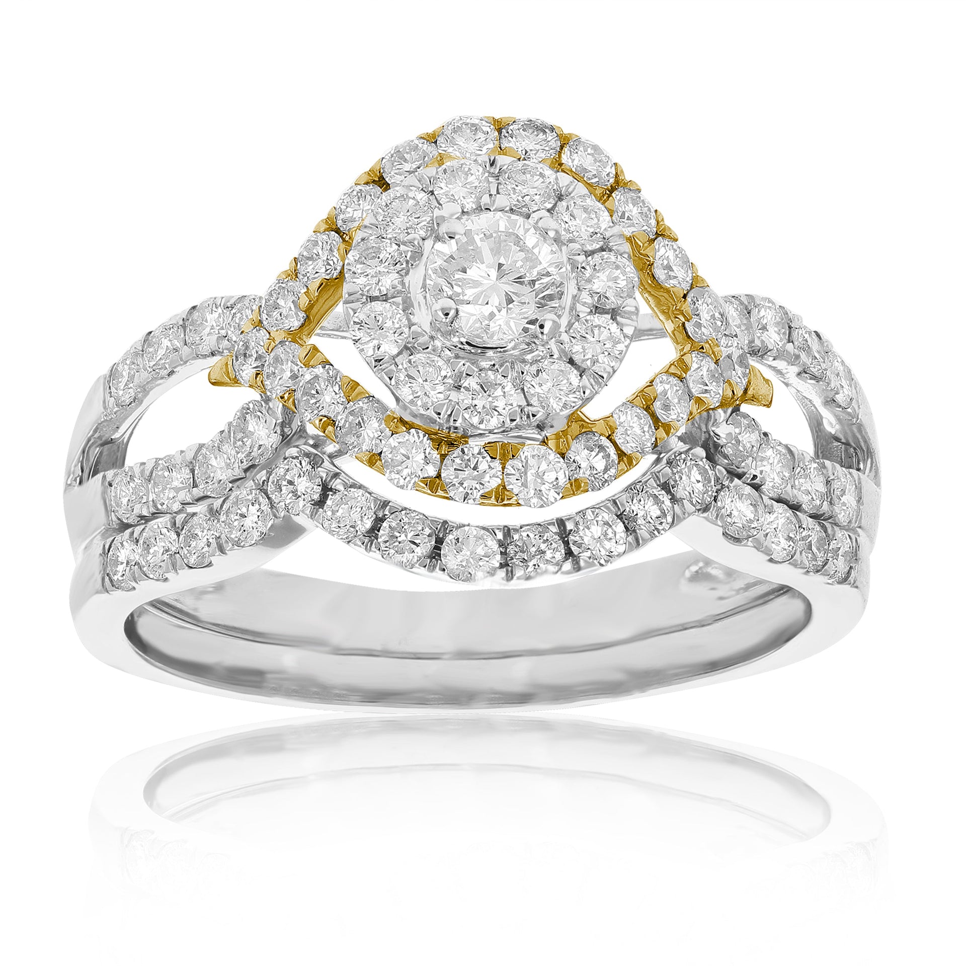 1 Cttw Diamond Wedding Engagement Ring Set 14K White Yellow Gold Halo Bridal