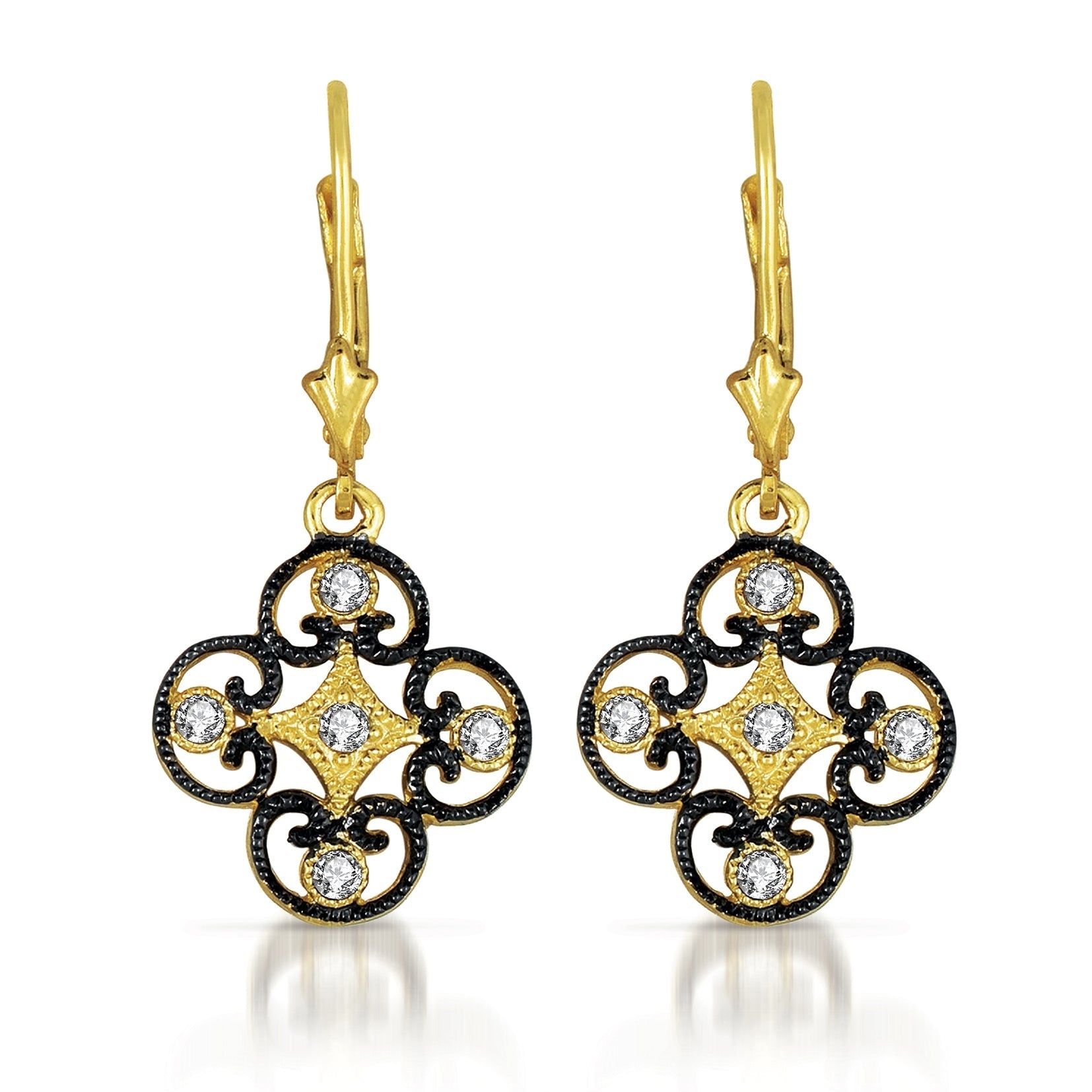 Sterling Silver Black And Gold Plated Cubic Zirconia Drop Earrings