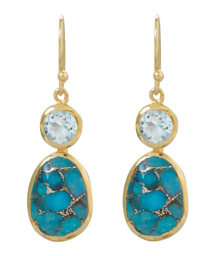 18k Gold Blue Topaz & Turquoise Drop Earrings