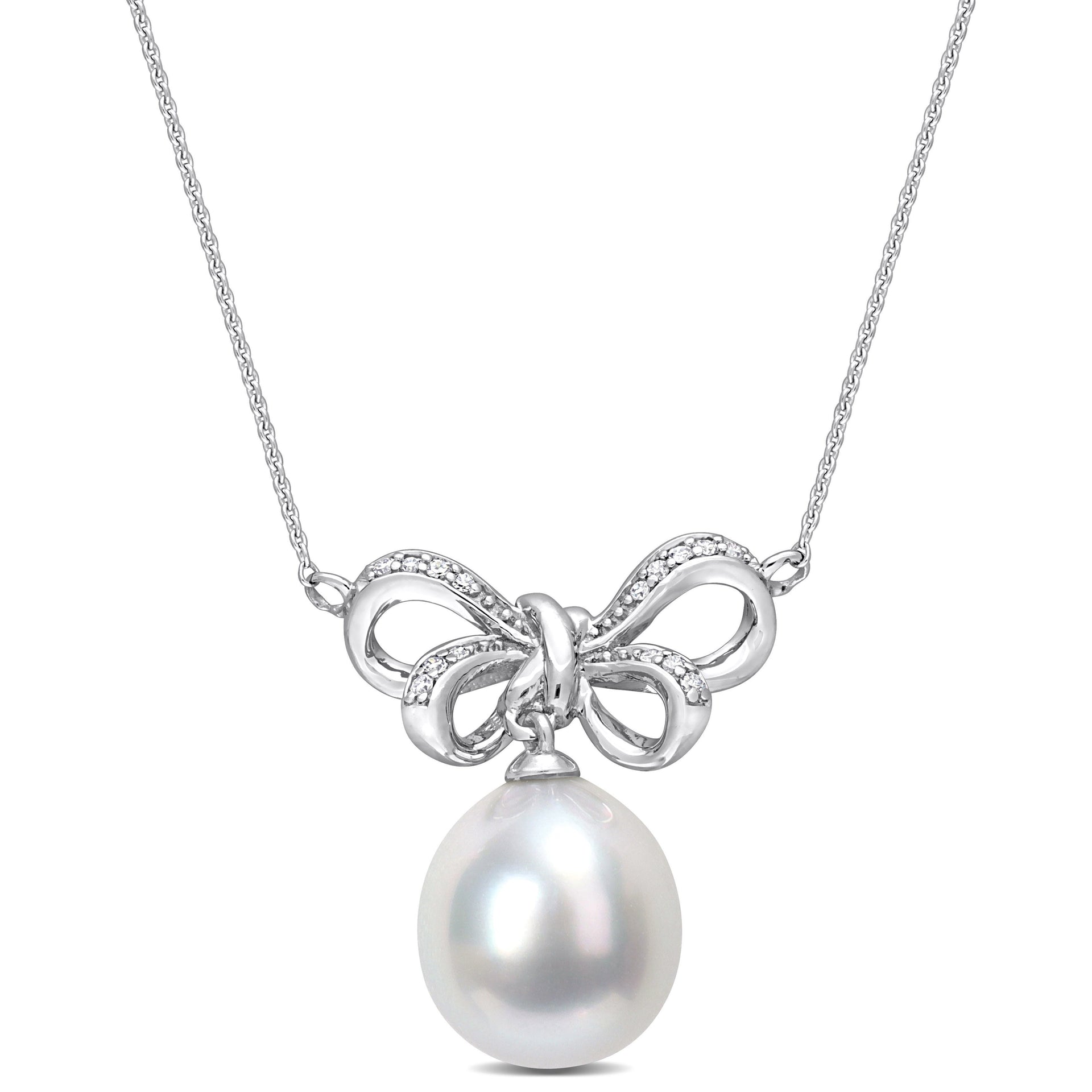9.5 -10mm South Sea Cultured Pearl and Diamond Accent Bow Pendant with Chain in 10k White Gold