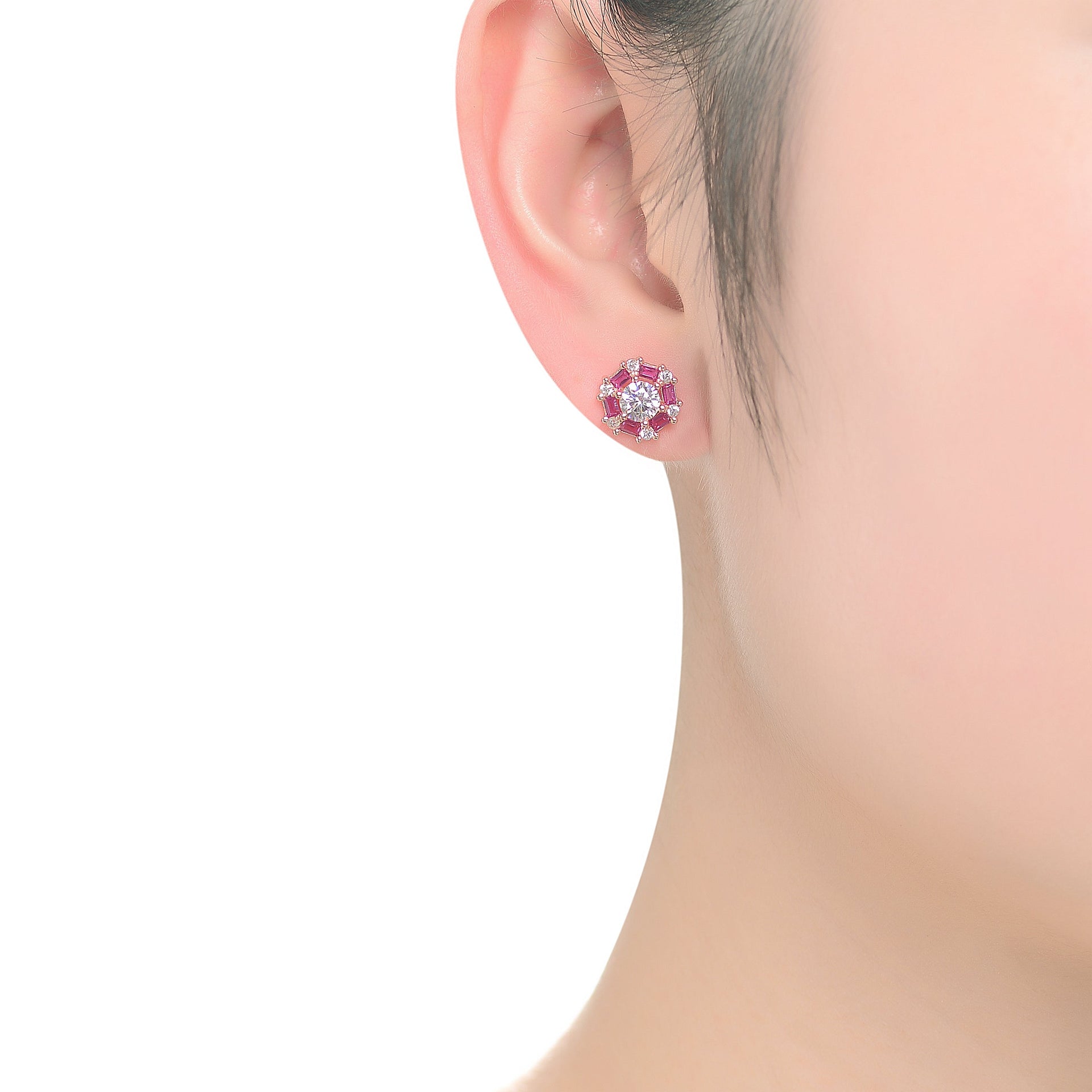 Ga Sterling Silver With Rose Gold Plated Round And Baguette Cubic Zirconia Stud Earrings