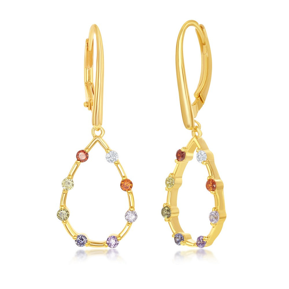 Sterling Silver Rainbow CZ Open Pear-Shaped Dangle Earrings - Gold Plated