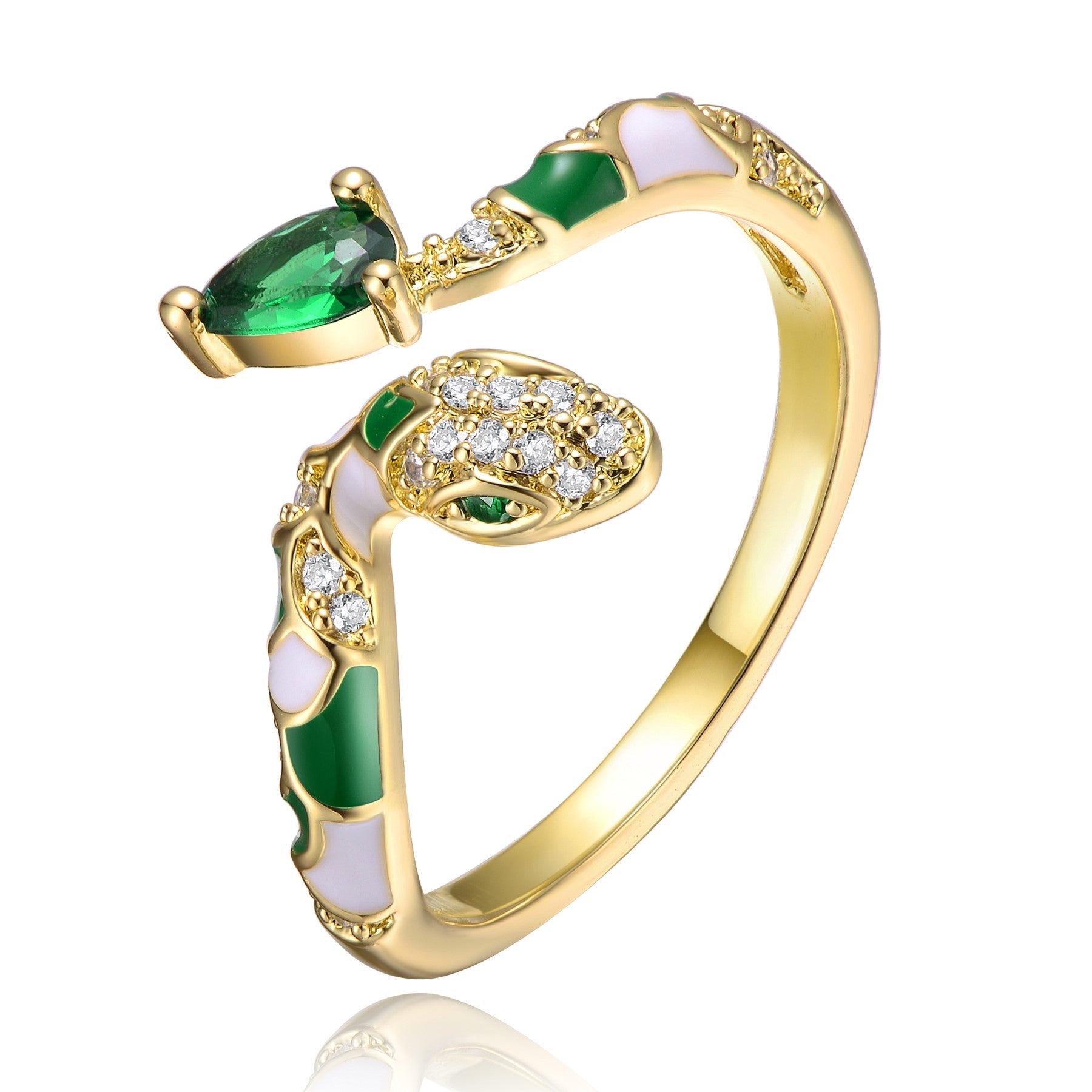 RG 14k Yellow Gold Plated with Emerald & Cubic Zirconia Coiled Snake Serpent Open Bypass Cuff Ring