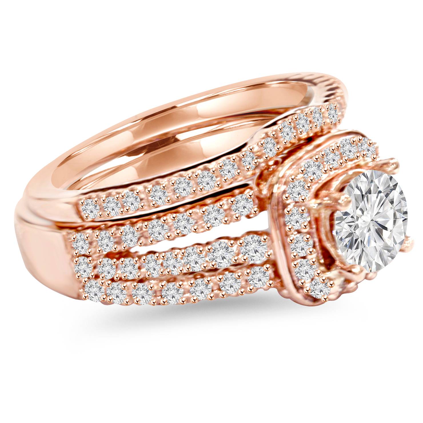 1.50CT Cushion Halo Diamond Engagement Ring Set 14K Rose Gold