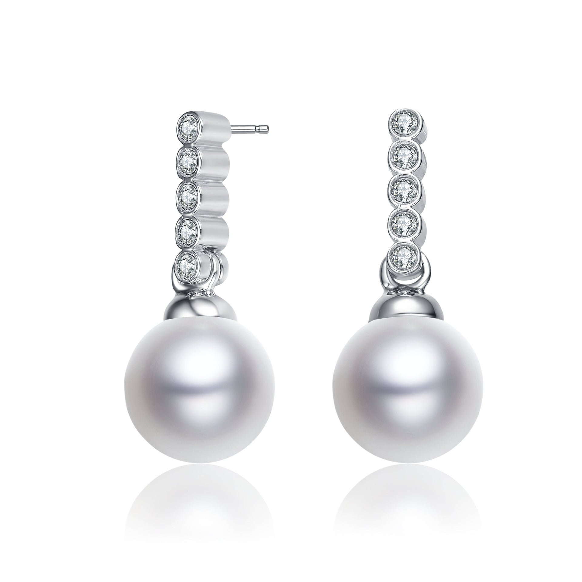 Sterling Silver With Rhodium Plated White Round Freshwater Pearl With Clear Round Cubic Zirconia Drop Earrings