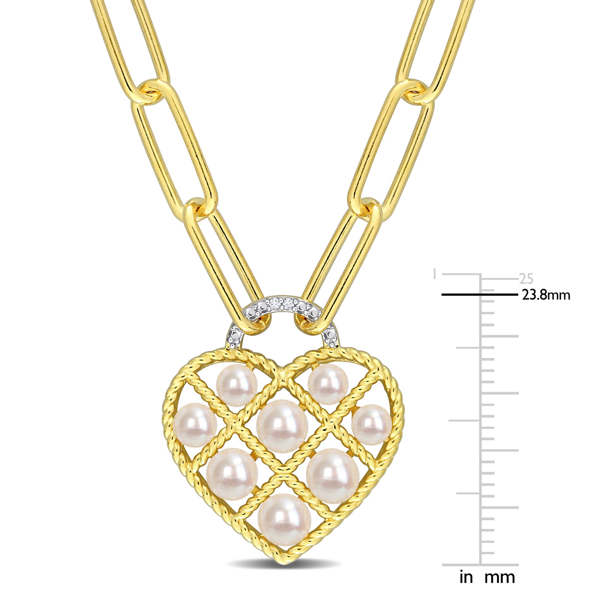Freshwater Cultured Pearl & Diamond Accent Heart Paperclip Chain Link Necklace in Yellow Plated Sterling Silver