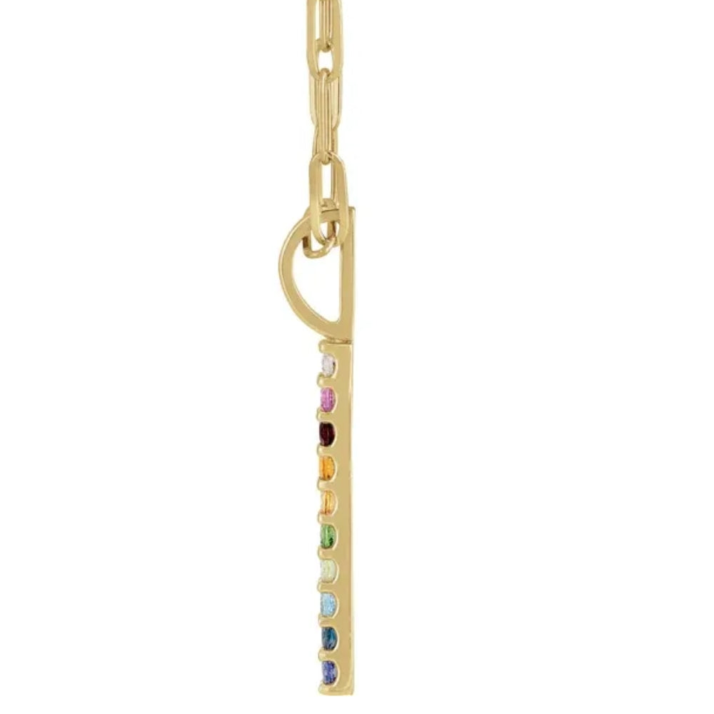 14K Yellow Natural Multi-Gemstone Rainbow Bar Pendant 1' Tall 18' Necklace