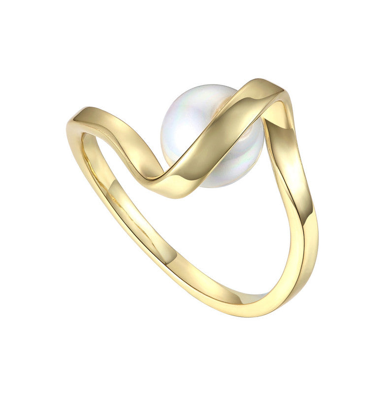 Sterling Silver 14k gold plated with 7mm White Freshwater Pearl Promise Stacking Ribbon Ring