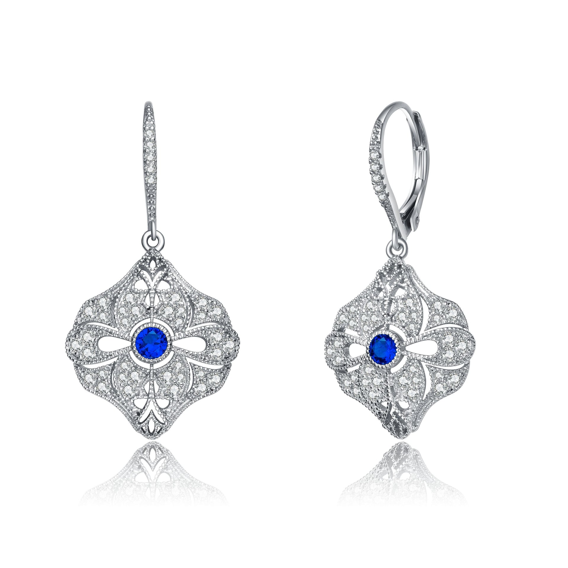 Sterling Silver Sapphire Cubic Zirconia Wreath Drop Earrings