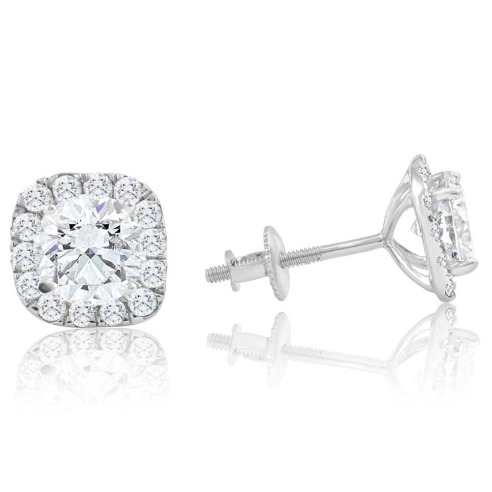 2 1/4Ct Cushion Halo Diamond Screw Back Studs 14k White Gold Enhanced Earrings