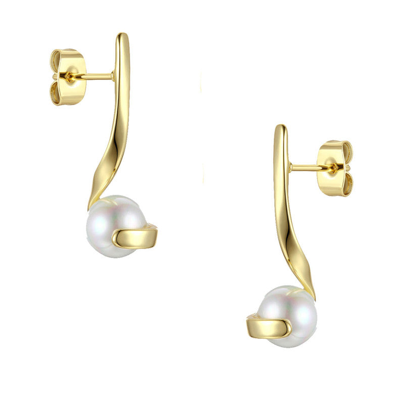 Sterling Silver 14k gold plated with 7mm White Freshwater Pearl Ribbon Gift Linear Drop Dangle Earrings