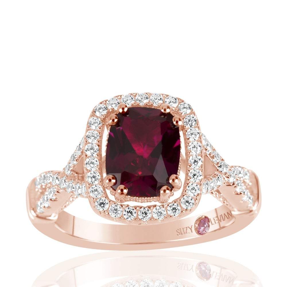 Suzy Levian Rose Sterling Silver Created Ruby and White Cubic Zirconia Engagement Ring