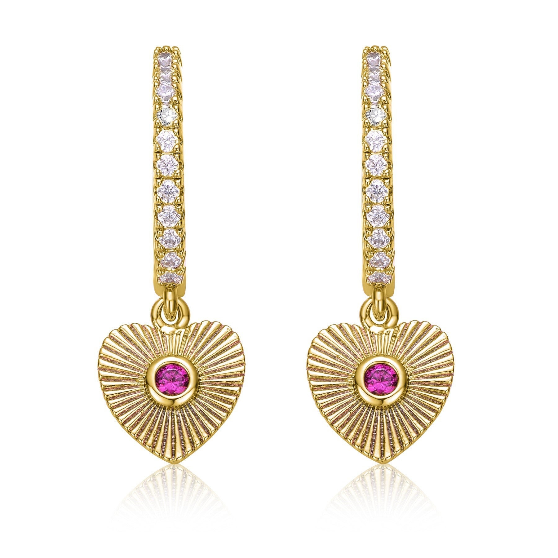 RG 14k Yellow Gold Plated with Ruby Cubic Zirconia Sunray Heart Dangle Charm Hoop Earrings
