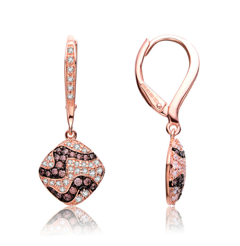 Sterling Silver 18k Rose Gold Plated with Coffee Cubic Zirconia Square Dangle Earrings