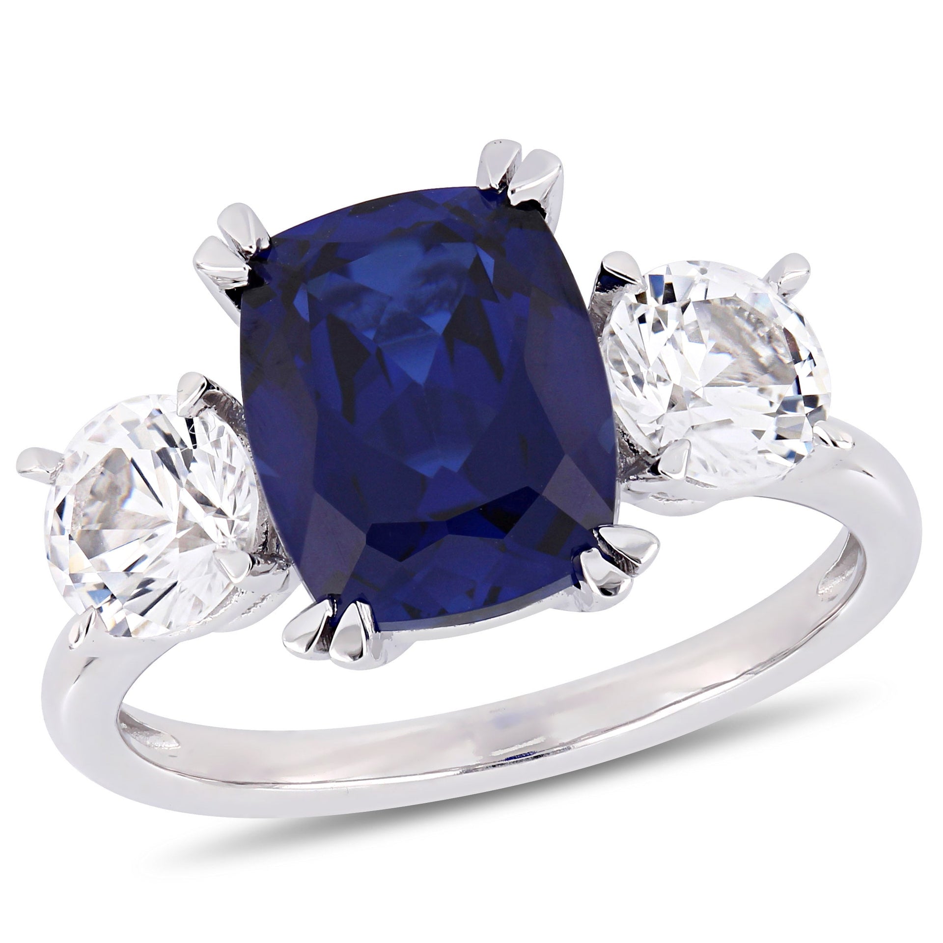 6 1/10 CT TGW Cushion-Cut Created Blue and Created White Sapphire Three-Stone Ring in 10K White Gold