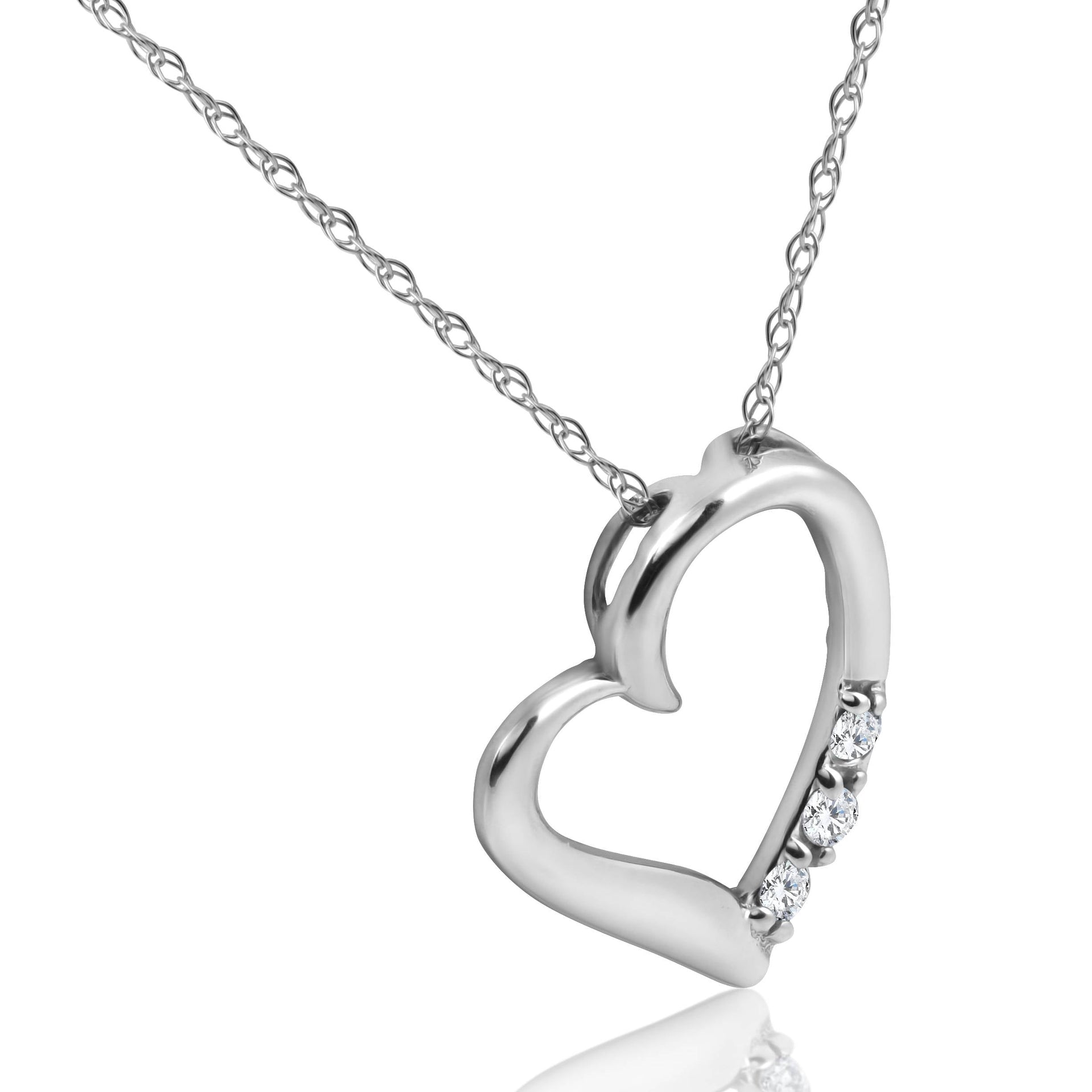 Diamond Heart Pendant Necklace 3-Stone 10K White Gold