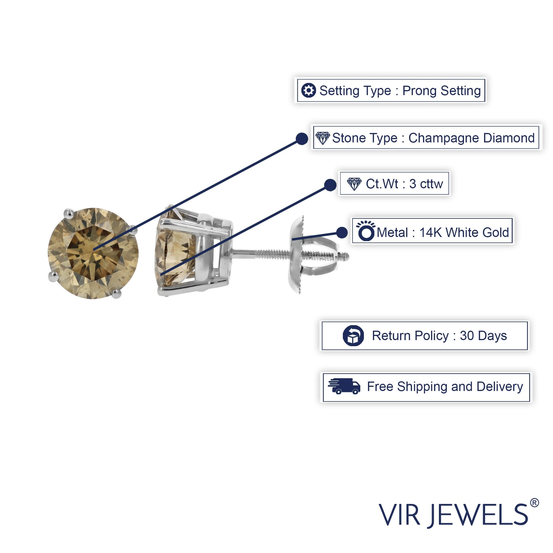 3 cttw IGI Certified I1 Champagne Diamond Stud Earrings 14K White Gold Round with Screw Backs