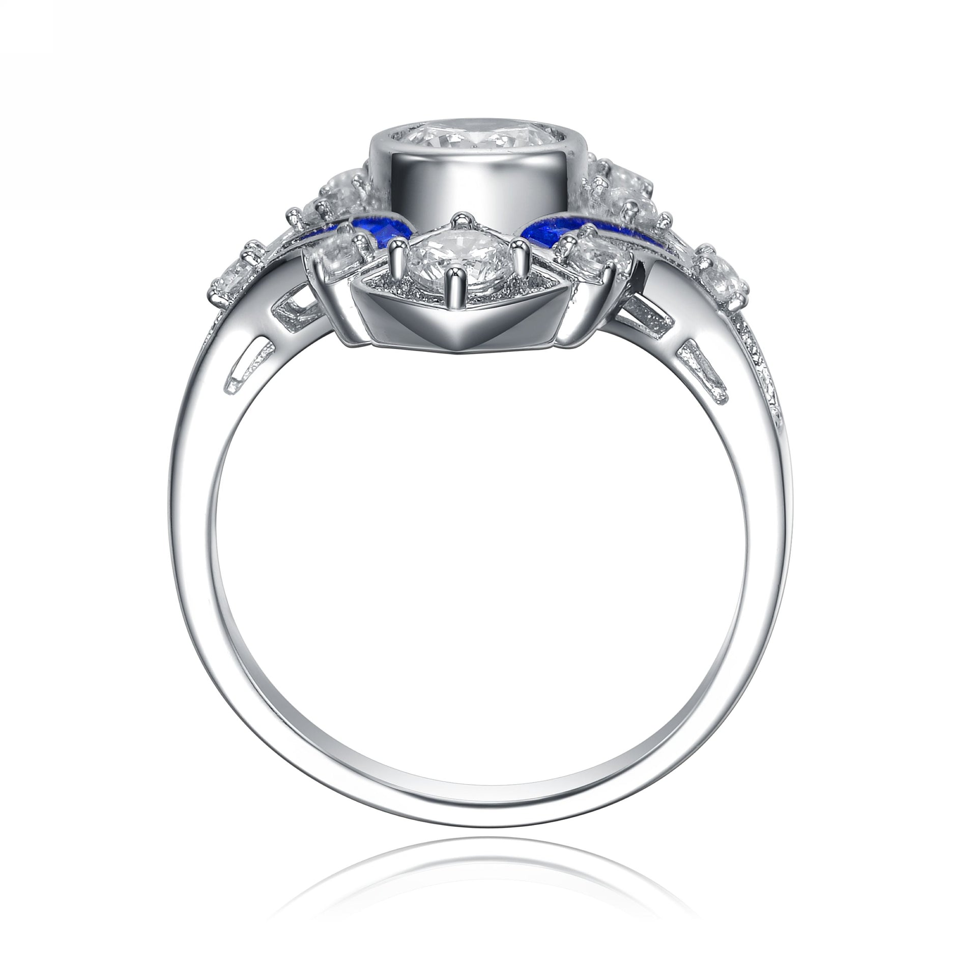 Sterling Silver Sapphire Cubic Zirconia Geometrical Coctail Ring
