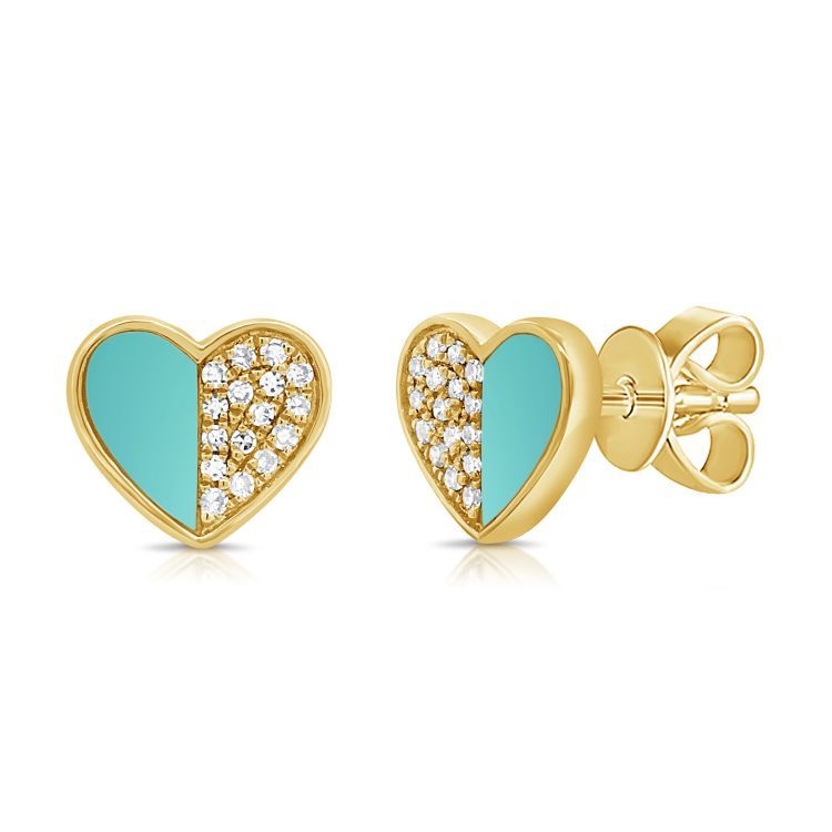 14k YG 1.70GR STUD EARRINGS 32 DIAMONDS 0.11 2 TURQUOISE 3.00