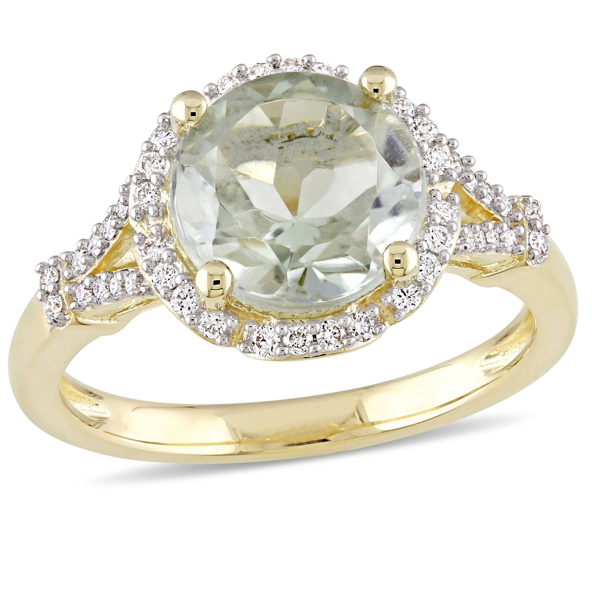 Mimi & Max 2 4/5ct TGW Green Quartz 1/5ct TDW Diamond Halo Floral Ring 14k Yellow Gold