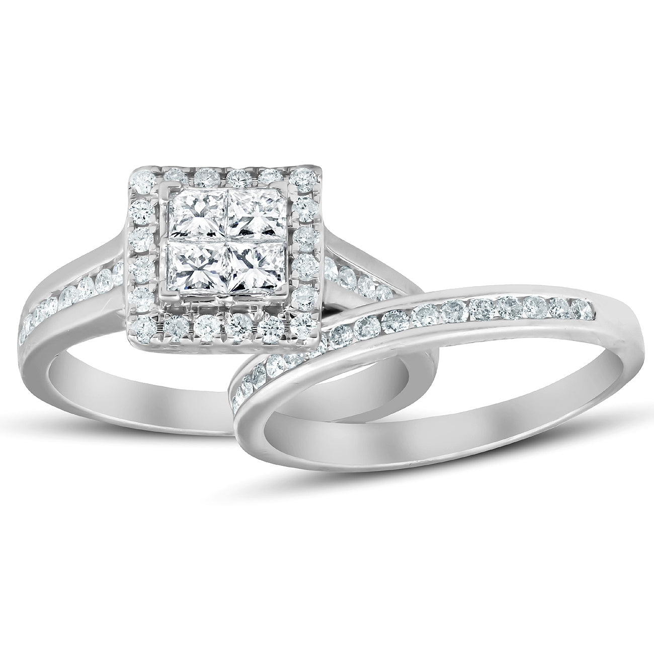 1 Ct TDW Princess Cut Halo Diamond Engagement Wedding Ring Set 10k White Gold