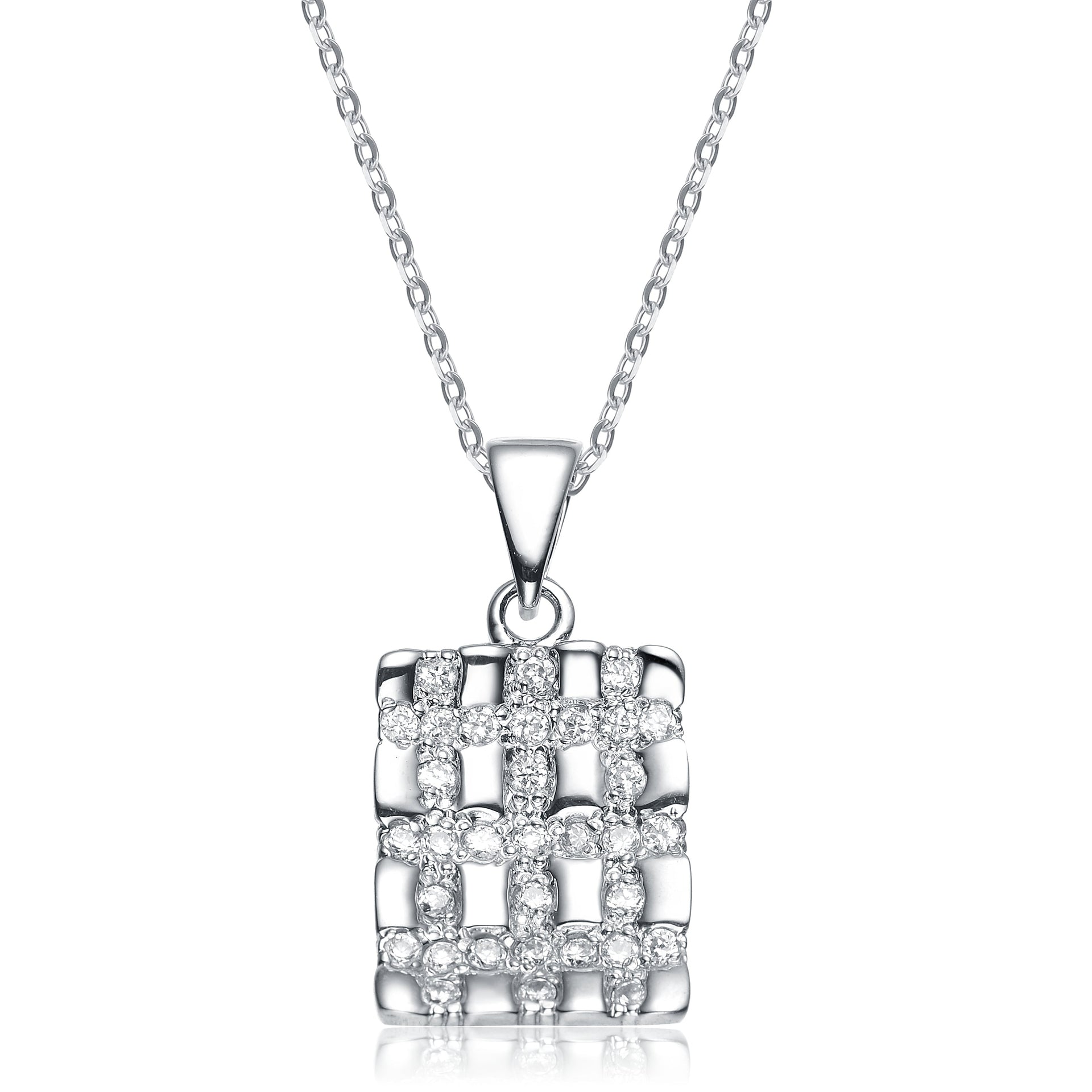 Sterling Silver White Cubic Zirconia Woven Square Pendant