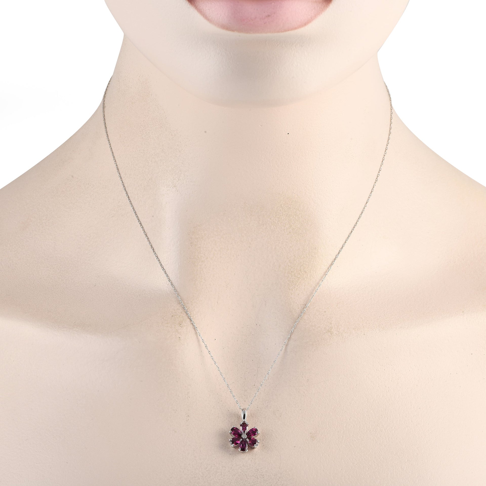 LB Exclusive 14K White Gold 0.01ct Diamond and Rhodolite Flower Necklace PD4-15845WRHOD