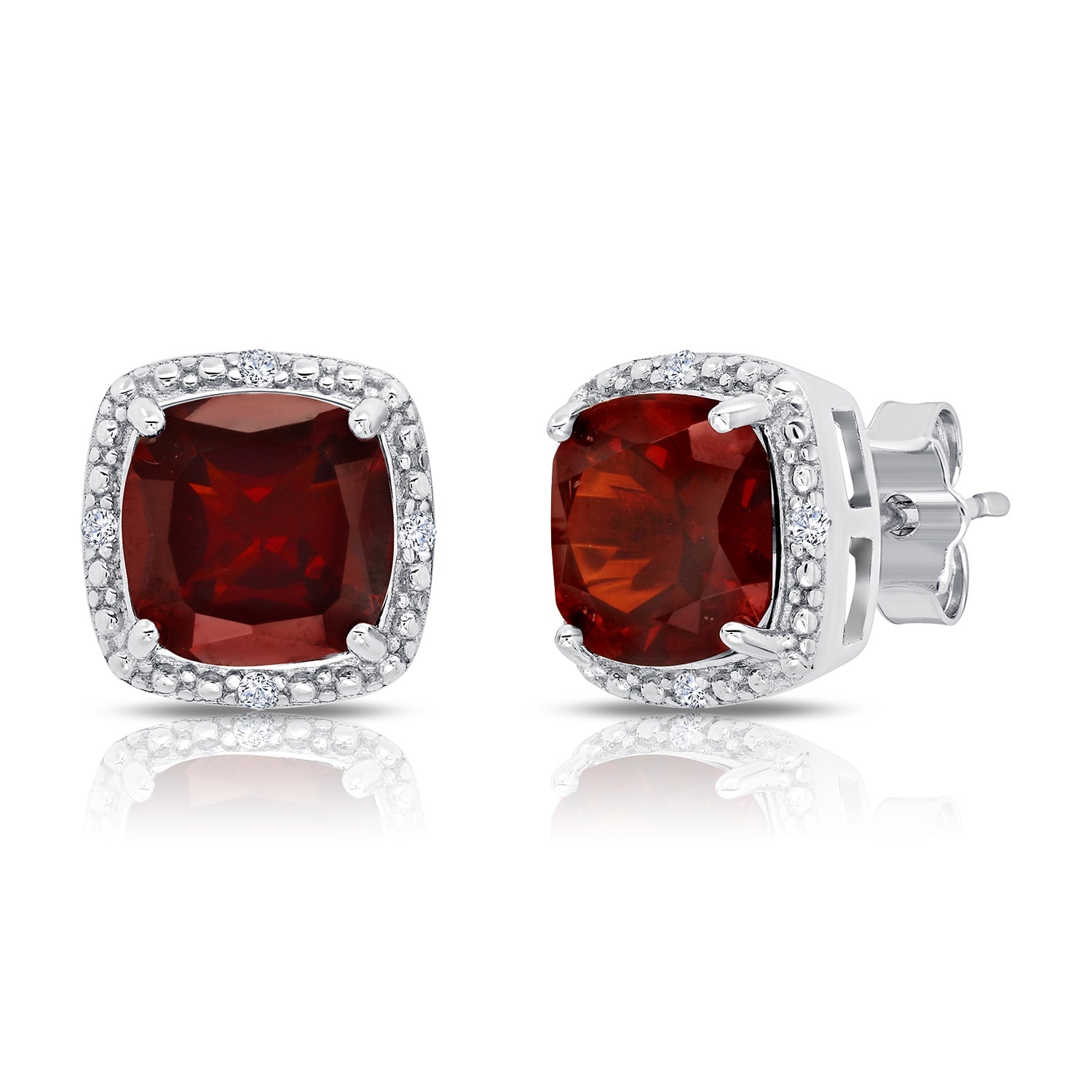 7mm Cushion Cut Garnet and Diamond Accent Halo Stud Earrings in Sterling Silver