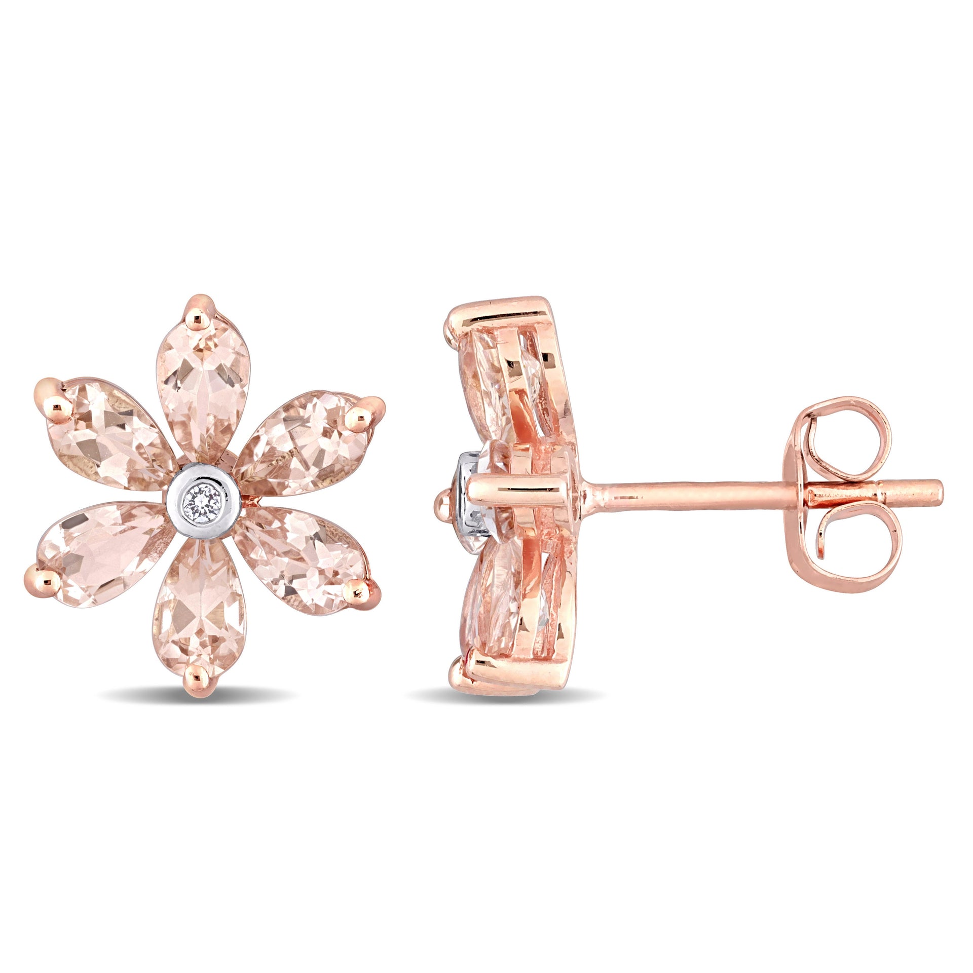 3 CT TGW Morganite and Diamond Accent Floral Stud Earrings in 10k Rose Gold