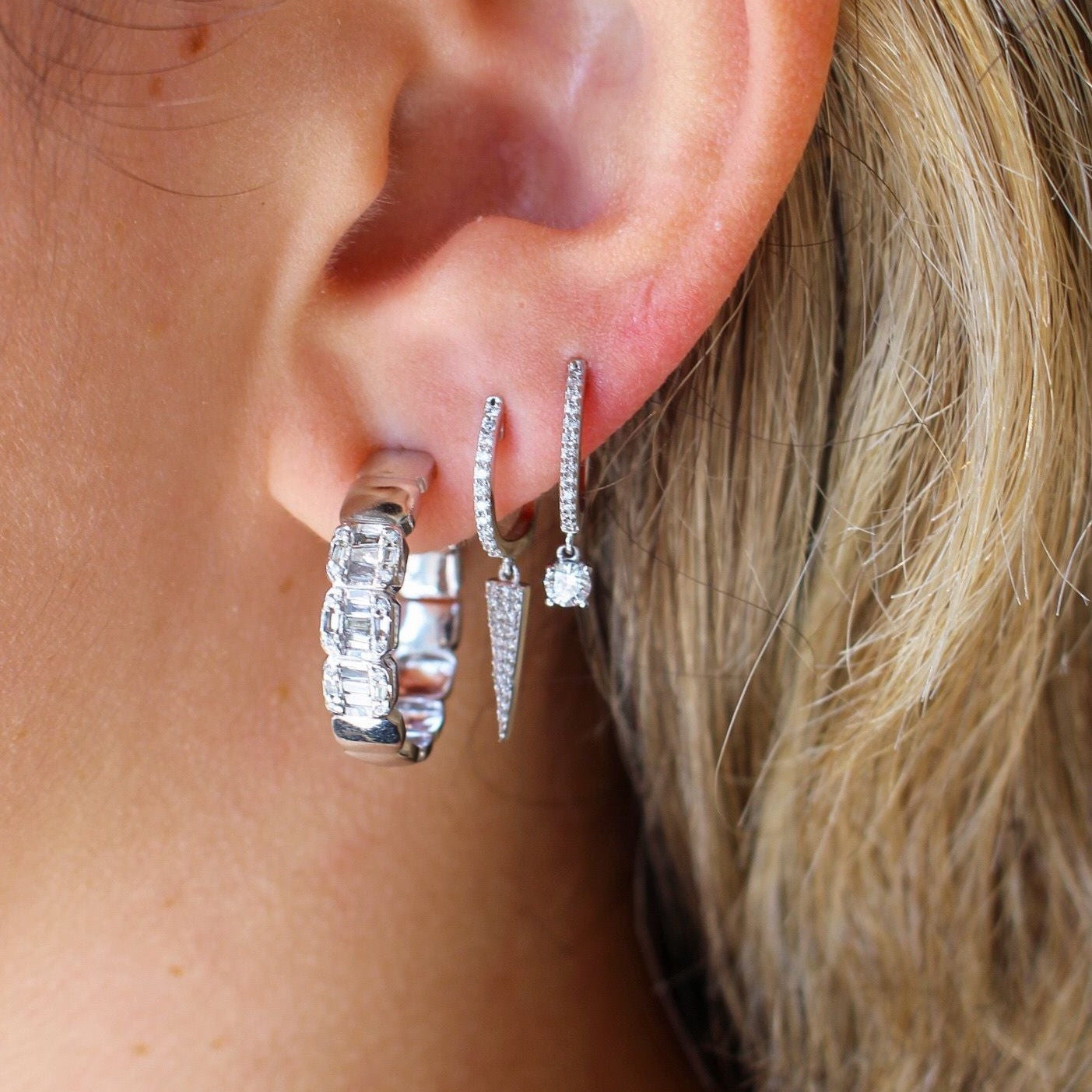 Gold Diamond Baguette Illusion Hoop Earring