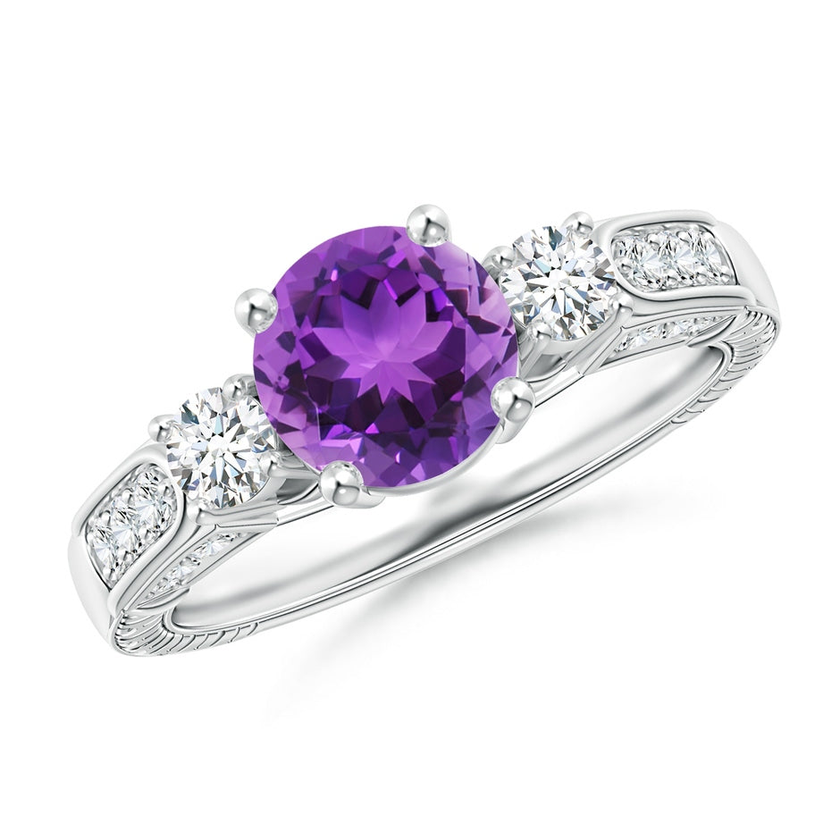 Three Stone Round Amethyst and Diamond Ring