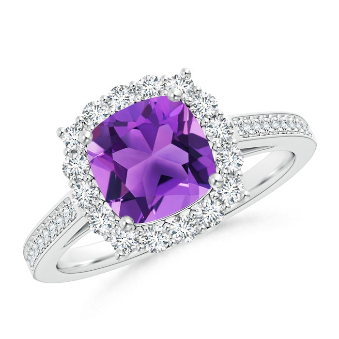 Cushion Amethyst Cocktail Ring with Diamond Halo